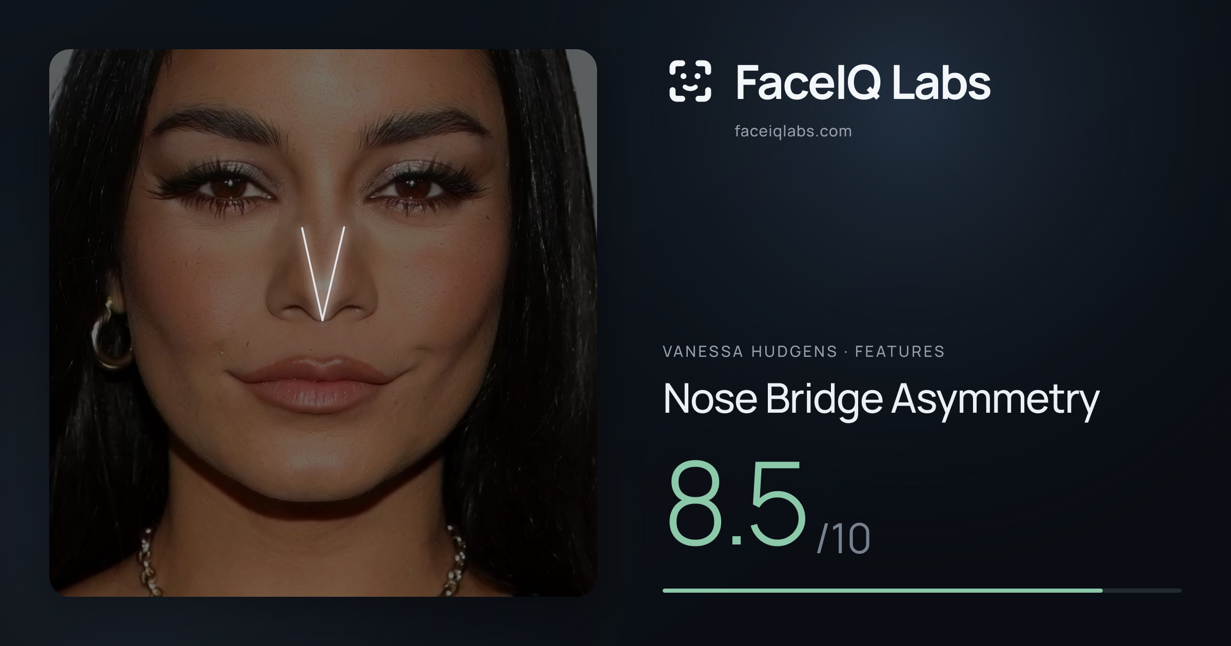 Vanessa Hudgens Nose Bridge Asymmetry: 8.5/10, drawn on the photo