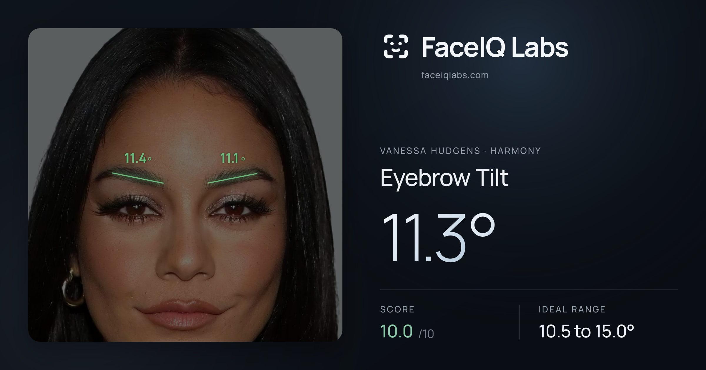Vanessa Hudgens Eyebrow Tilt: 11.3°, drawn on the photo