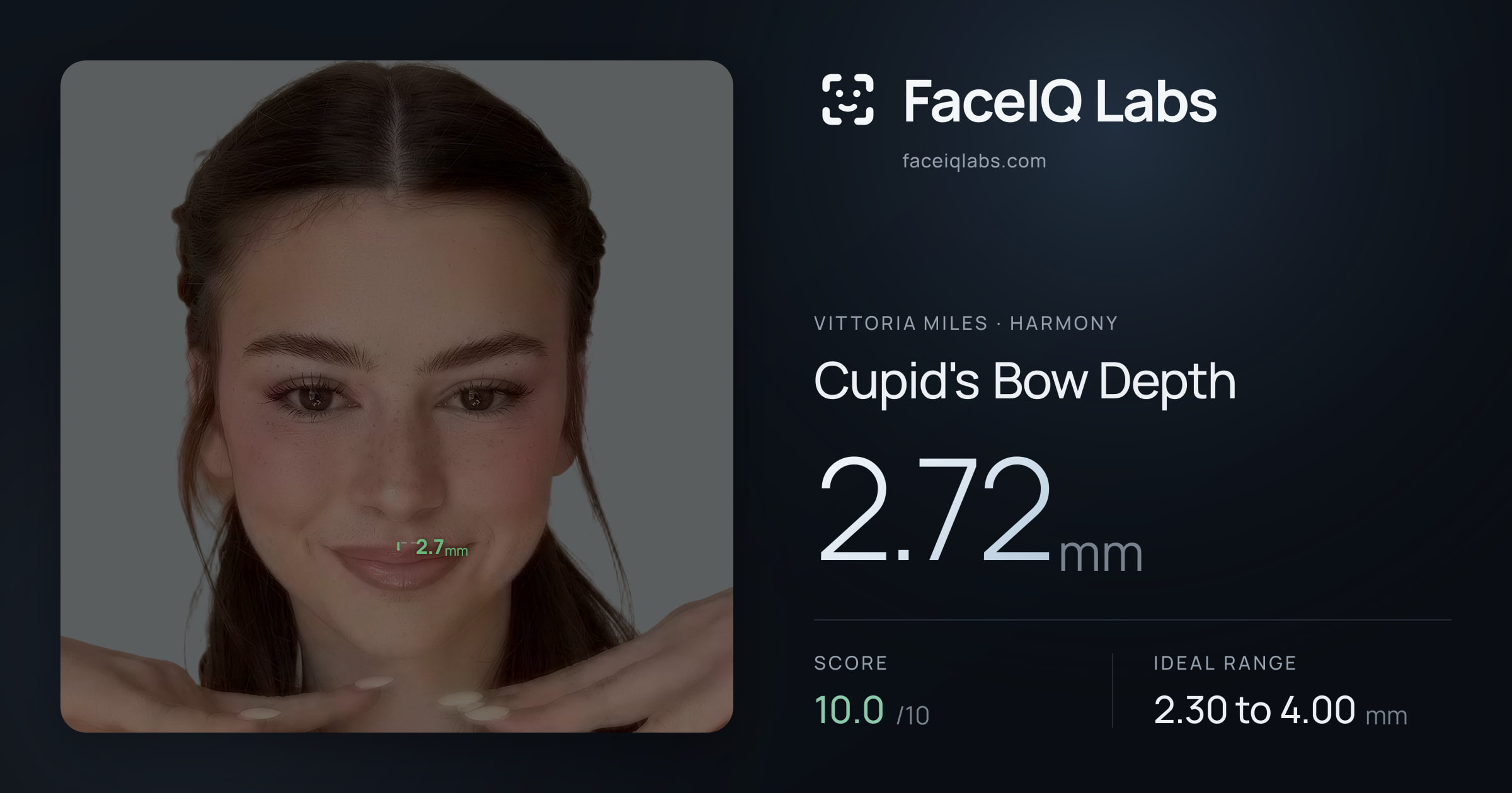 Vittoria Miles Cupid's Bow Depth: 2.72mm, drawn on the photo