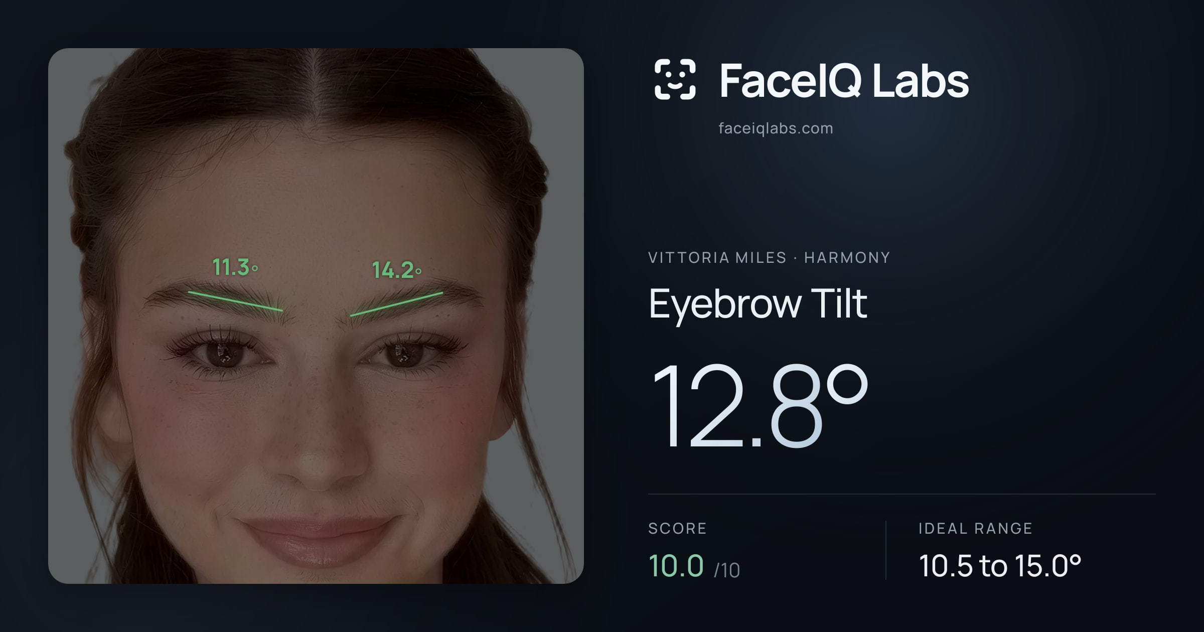 Vittoria Miles Eyebrow Tilt: 12.8°, drawn on the photo