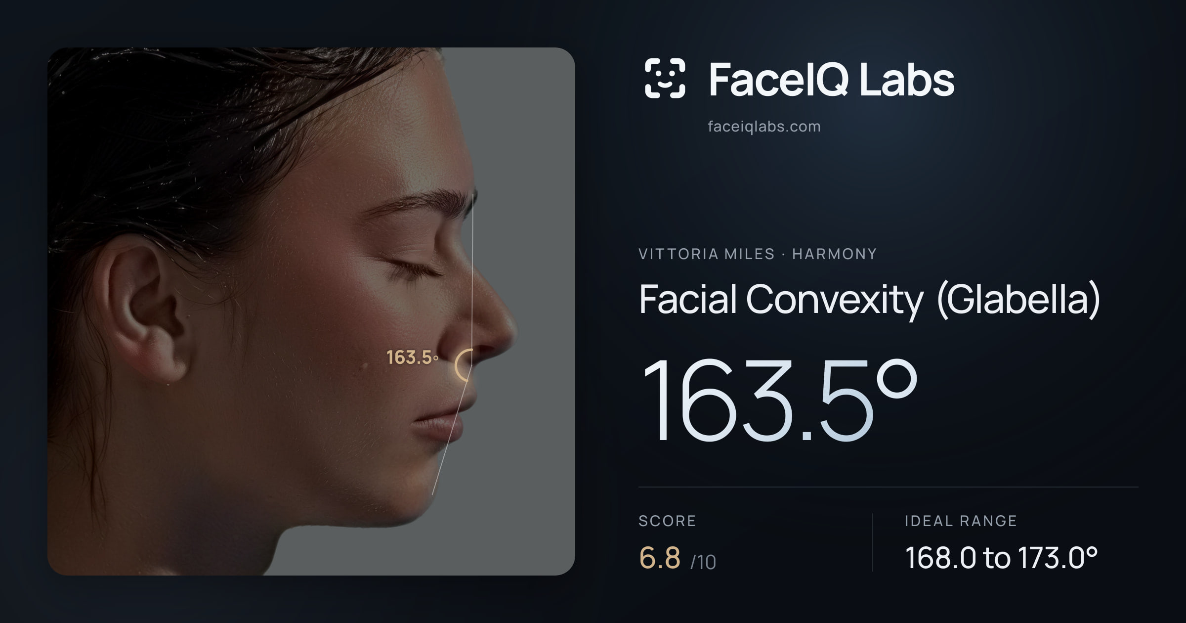Vittoria Miles Facial Convexity (Glabella): 163.5°, drawn on the photo