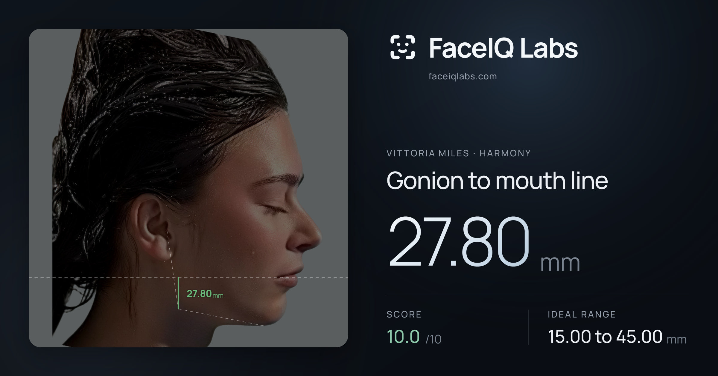 Vittoria Miles Gonion to mouth line: 27.80mm, drawn on the photo