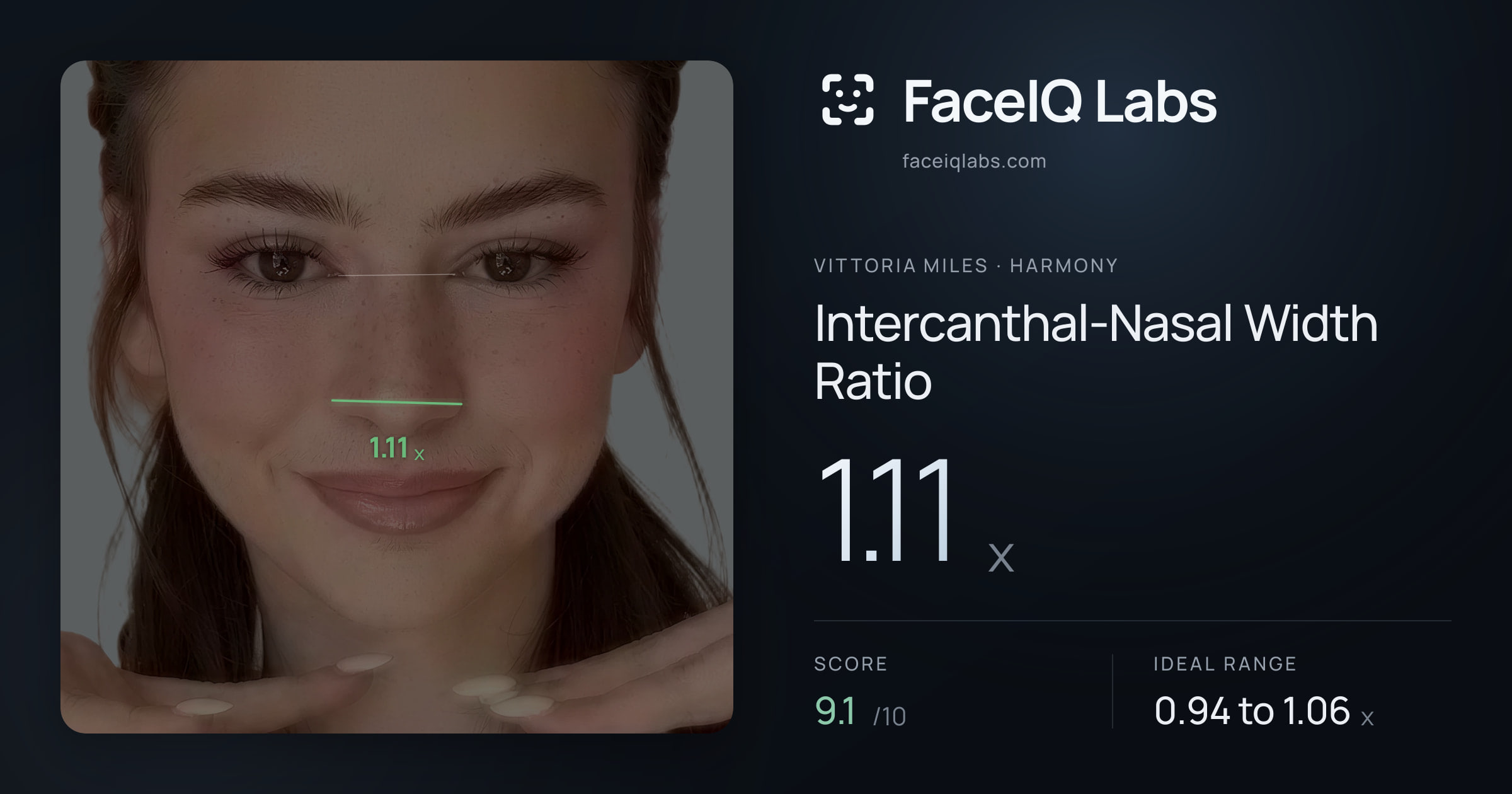 Vittoria Miles Intercanthal-Nasal Width Ratio: 1.11x, drawn on the photo
