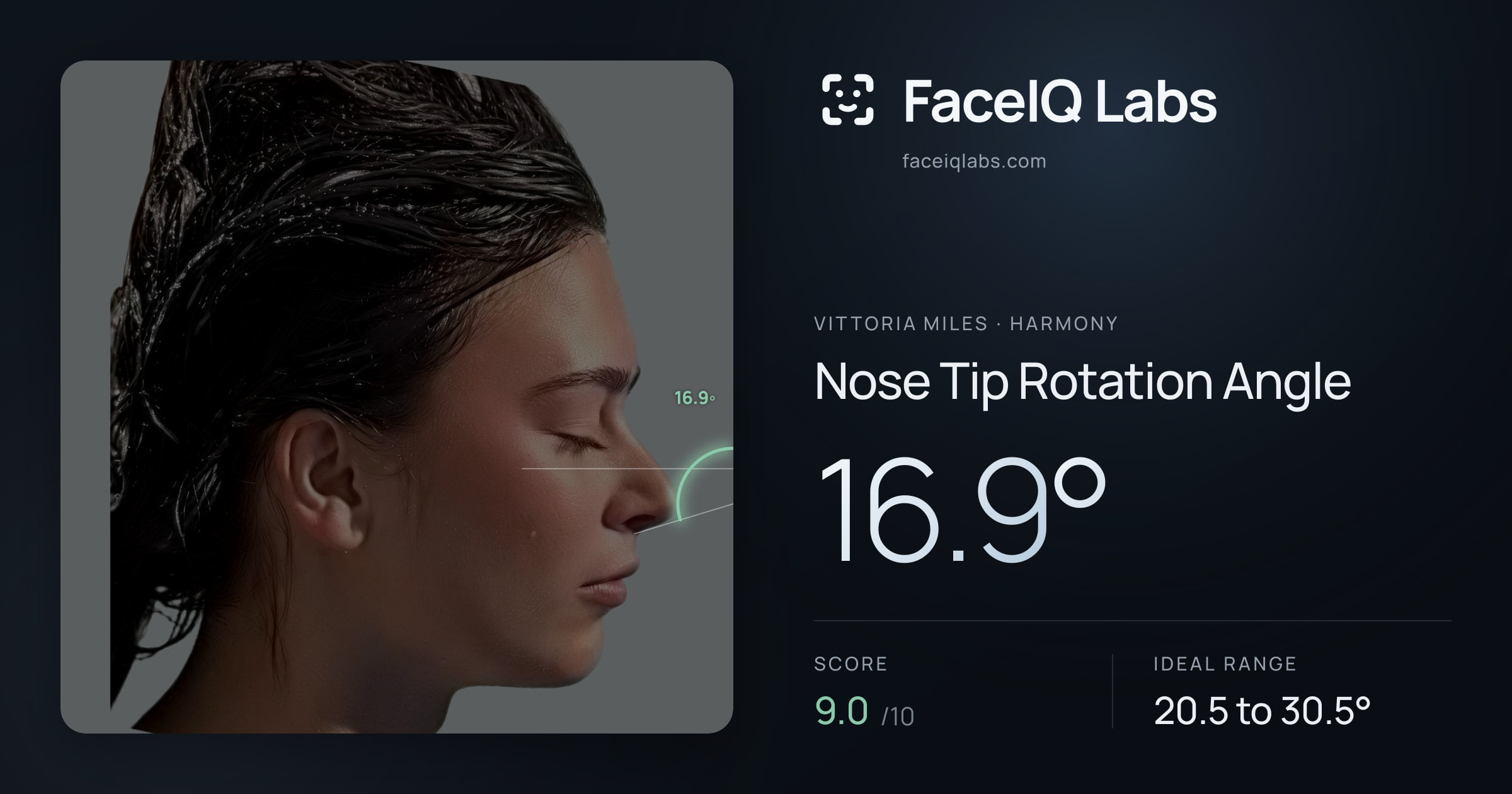 Vittoria Miles Nose Tip Rotation Angle: 16.9°, drawn on the photo