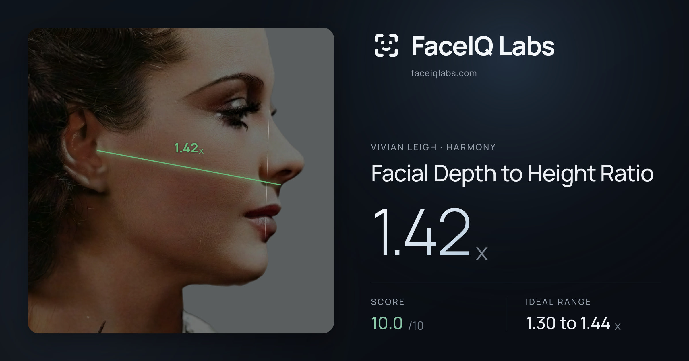 Vivian Leigh Facial Depth to Height Ratio: 1.42x, drawn on the photo