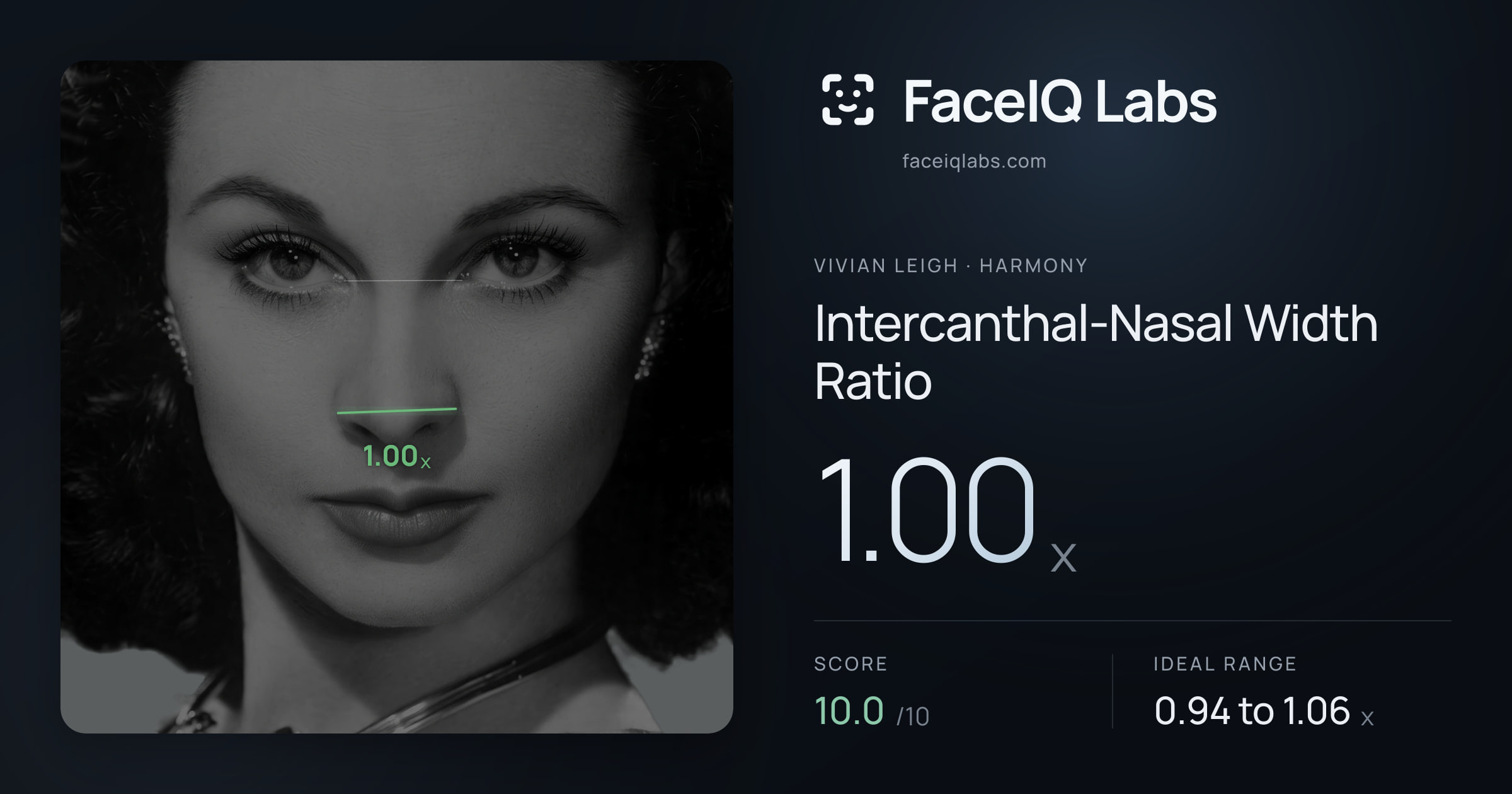 Vivian Leigh Intercanthal-Nasal Width Ratio: 1.00x, drawn on the photo
