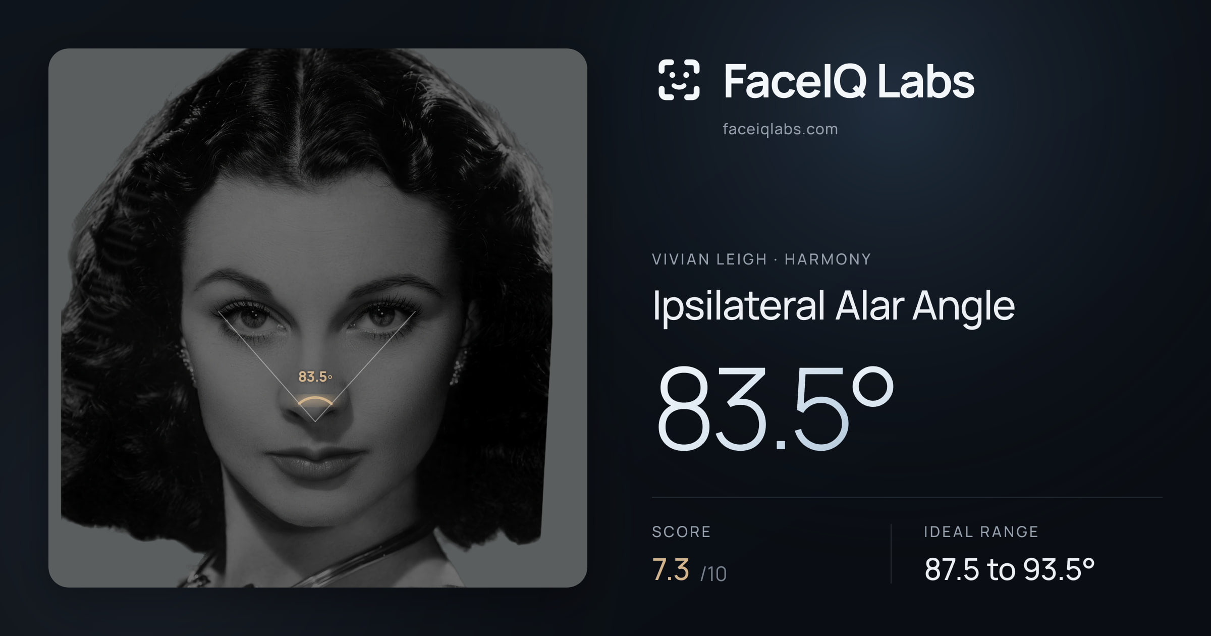 Vivian Leigh Ipsilateral Alar Angle: 83.5°, drawn on the photo