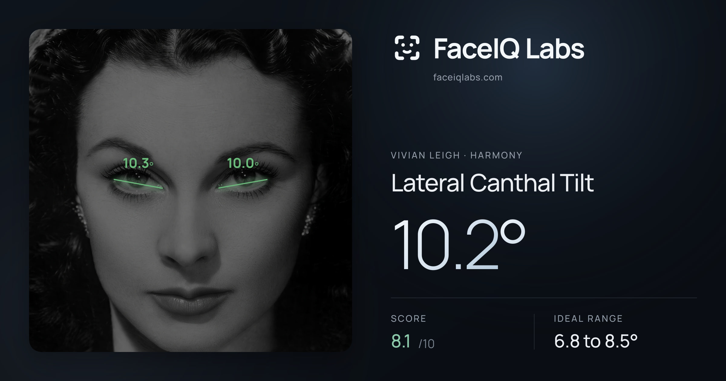 Vivian Leigh Lateral Canthal Tilt: 10.2°, drawn on the photo