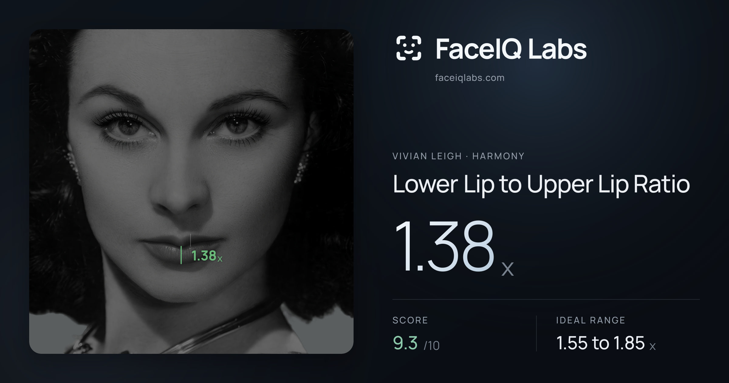Vivian Leigh Lower Lip to Upper Lip Ratio: 1.38x, drawn on the photo