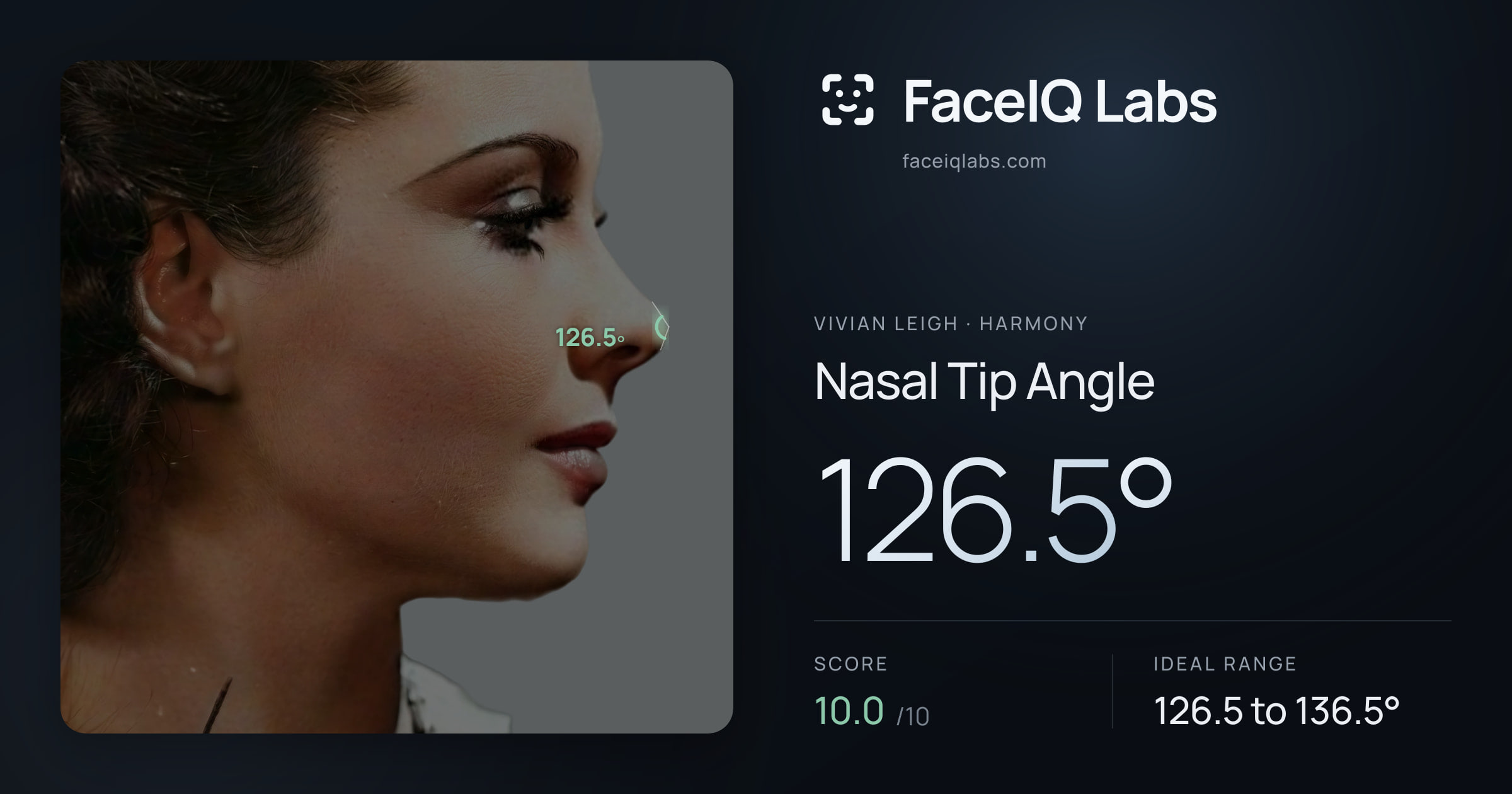 Vivian Leigh Nasal Tip Angle: 126.5°, drawn on the photo