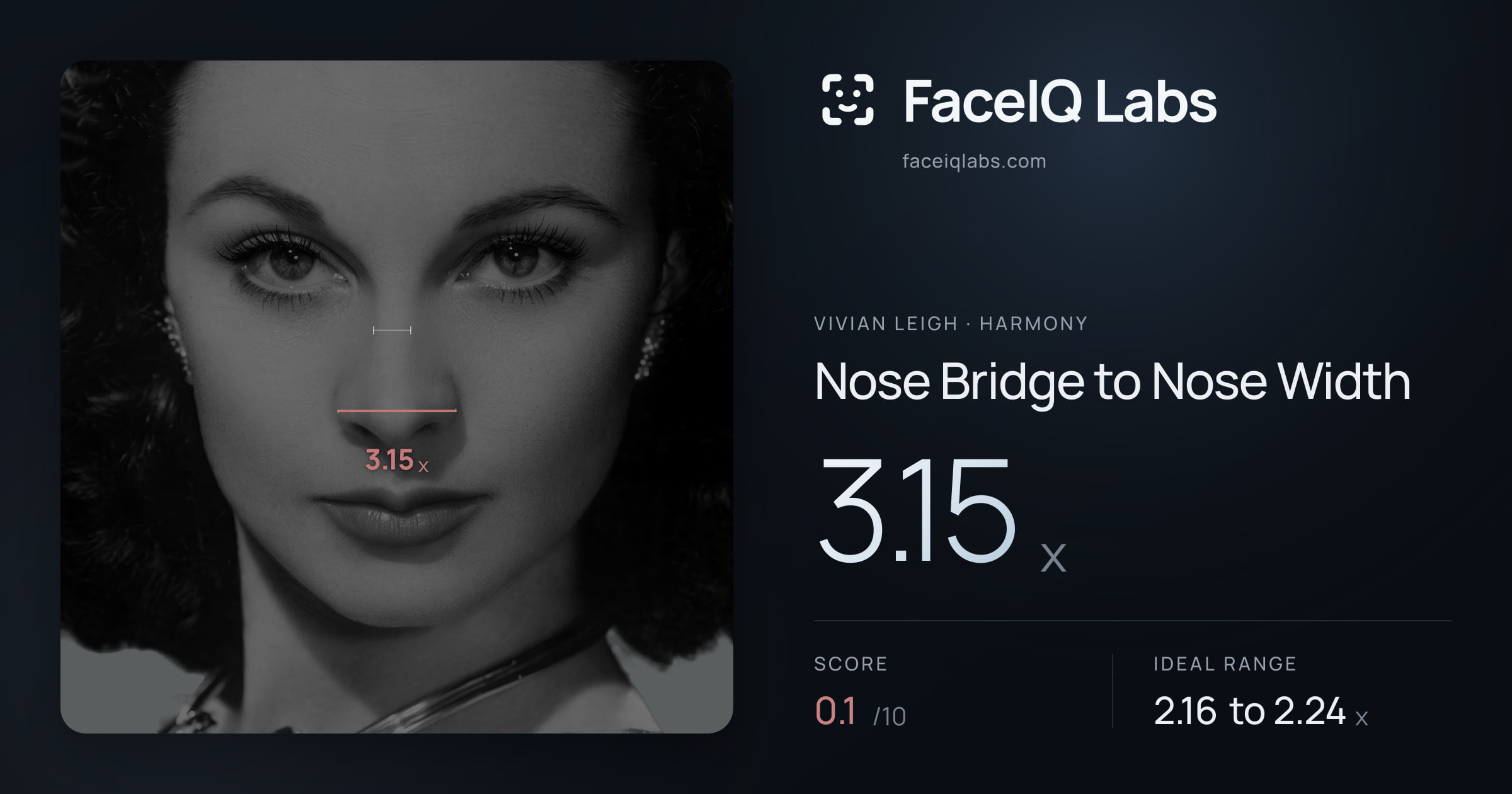 Vivian Leigh Nose Bridge to Nose Width: 3.15x, drawn on the photo