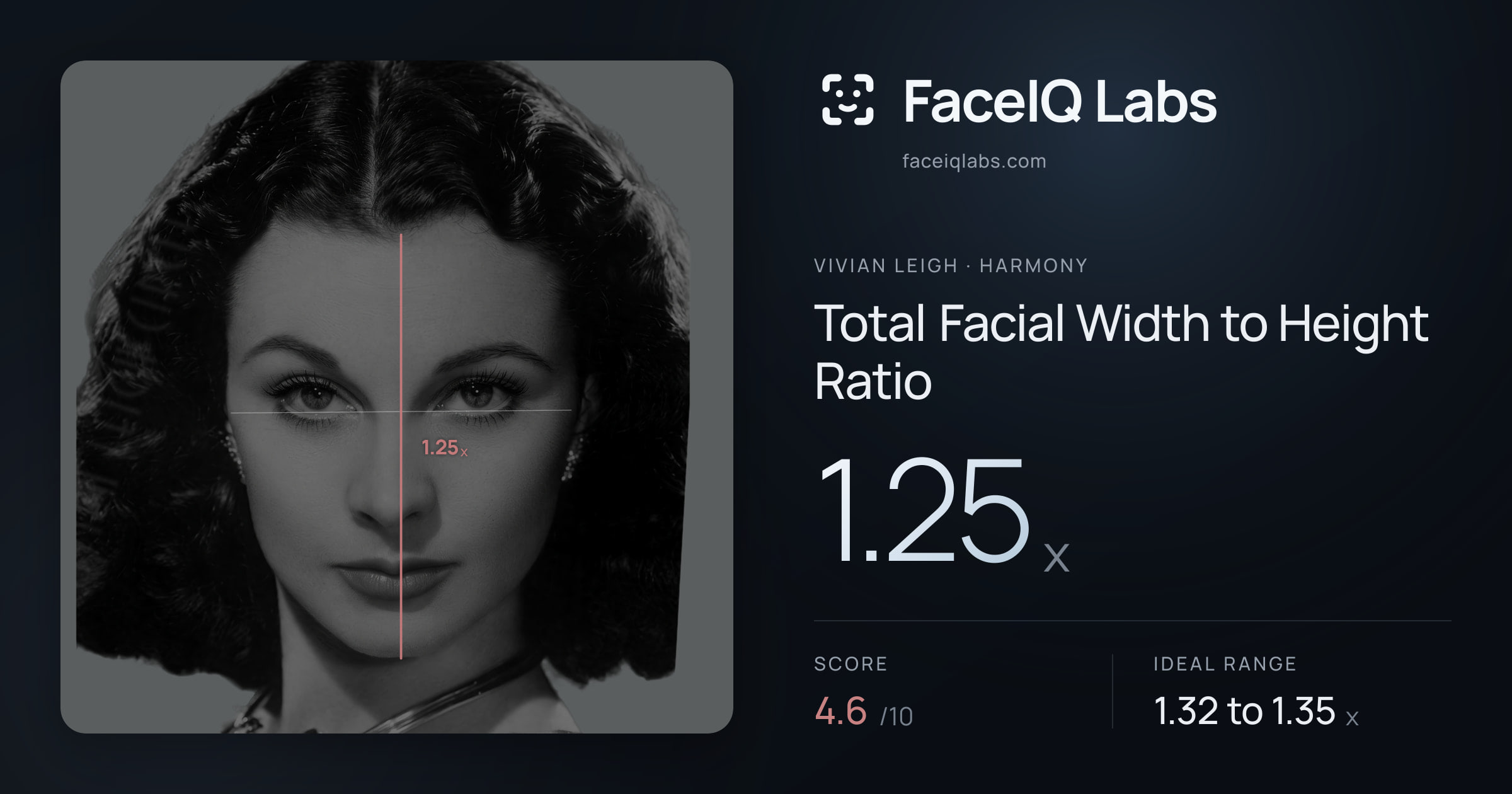 Vivian Leigh Total Facial Width to Height Ratio: 1.25x, drawn on the photo