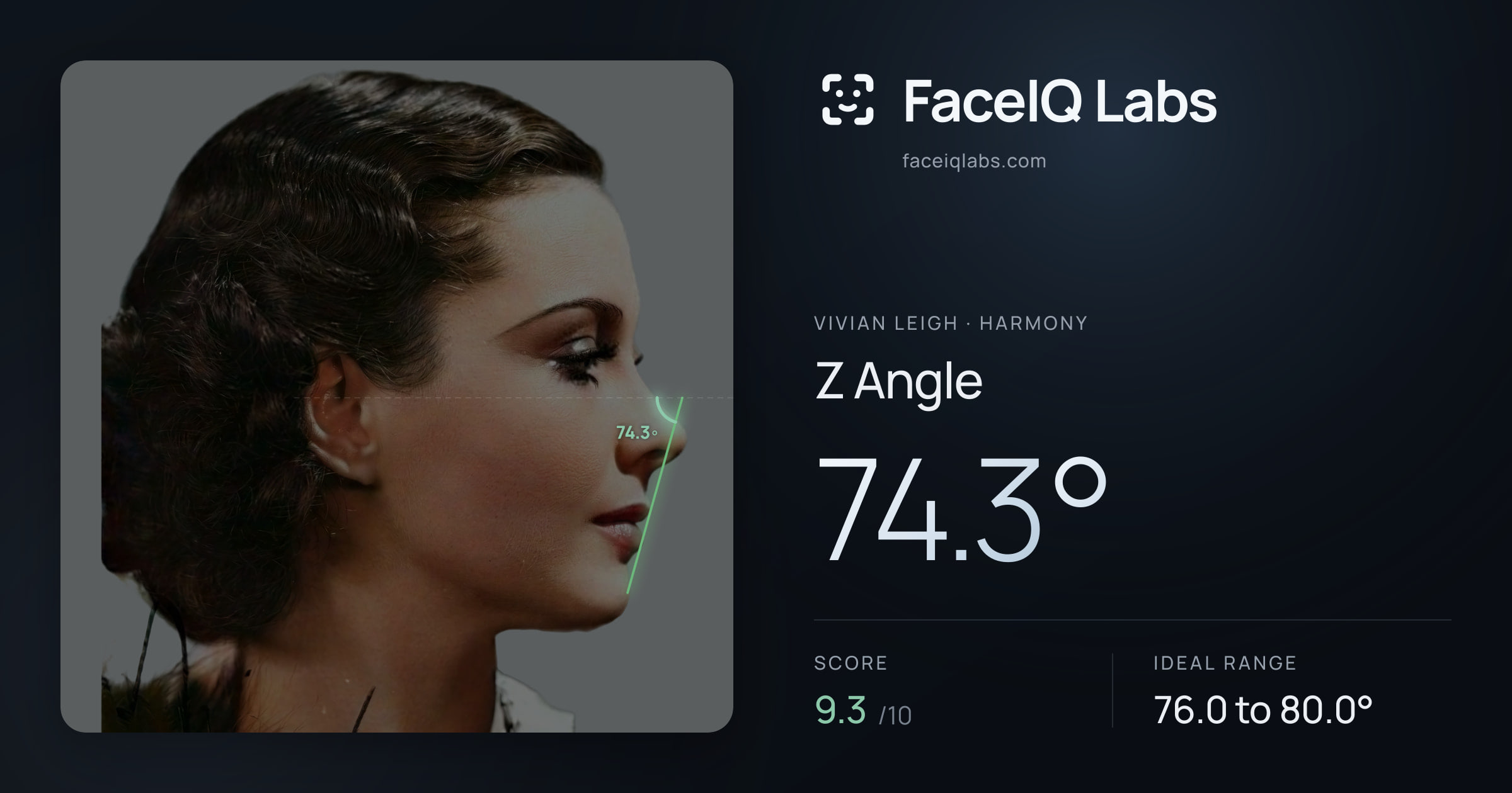 Vivian Leigh Z Angle: 74.3°, drawn on the photo