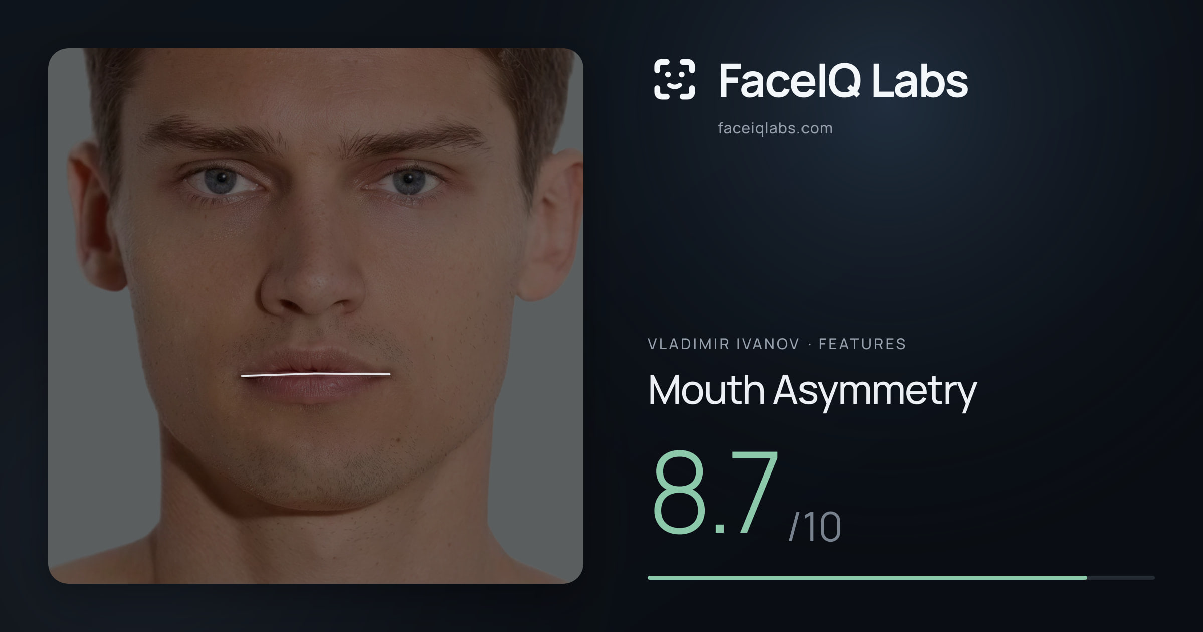 Vladimir Ivanov Mouth Asymmetry: 8.7/10, drawn on the photo