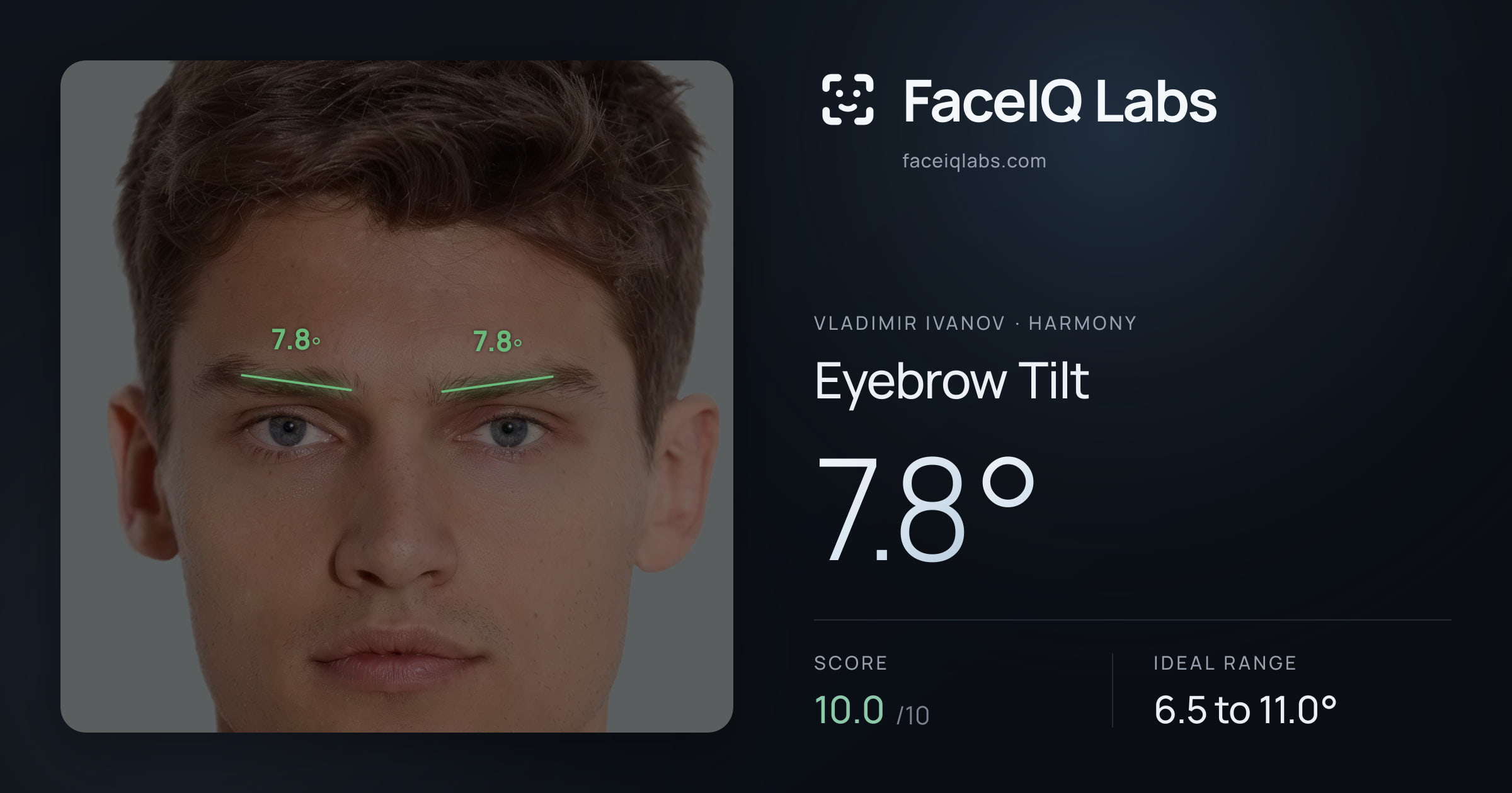 Vladimir Ivanov Eyebrow Tilt: 7.8°, drawn on the photo