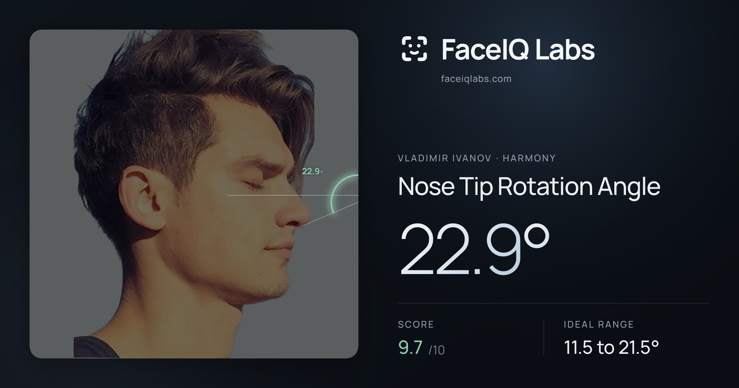 Vladimir Ivanov Nose Tip Rotation Angle: 22.9°, drawn on the photo