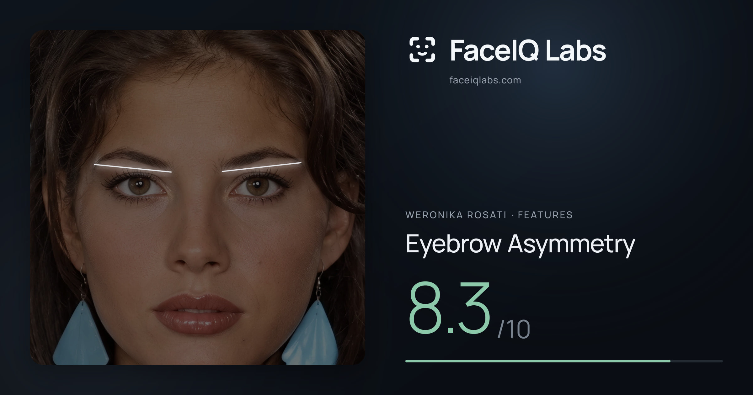 Weronika Rosati Eyebrow Asymmetry: 8.3/10, drawn on the photo