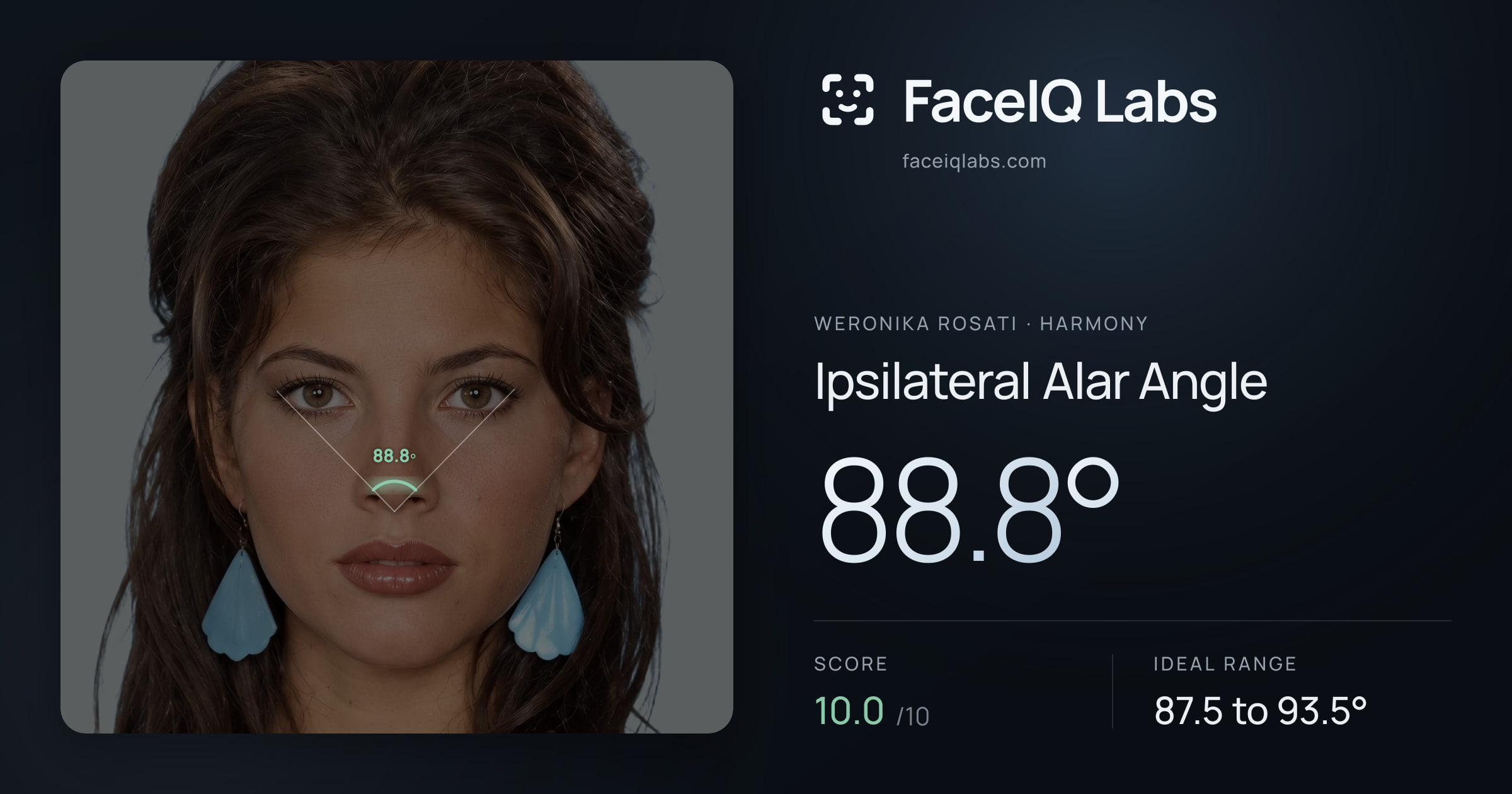 Weronika Rosati Ipsilateral Alar Angle: 88.8°, drawn on the photo
