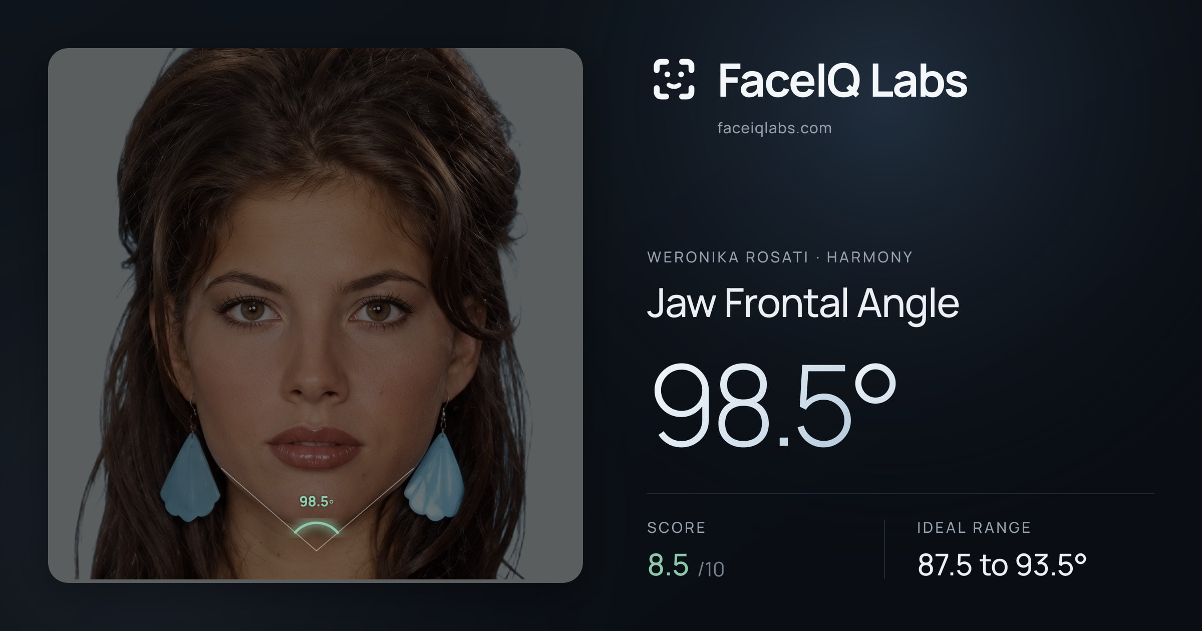Weronika Rosati Jaw Frontal Angle: 98.5°, drawn on the photo