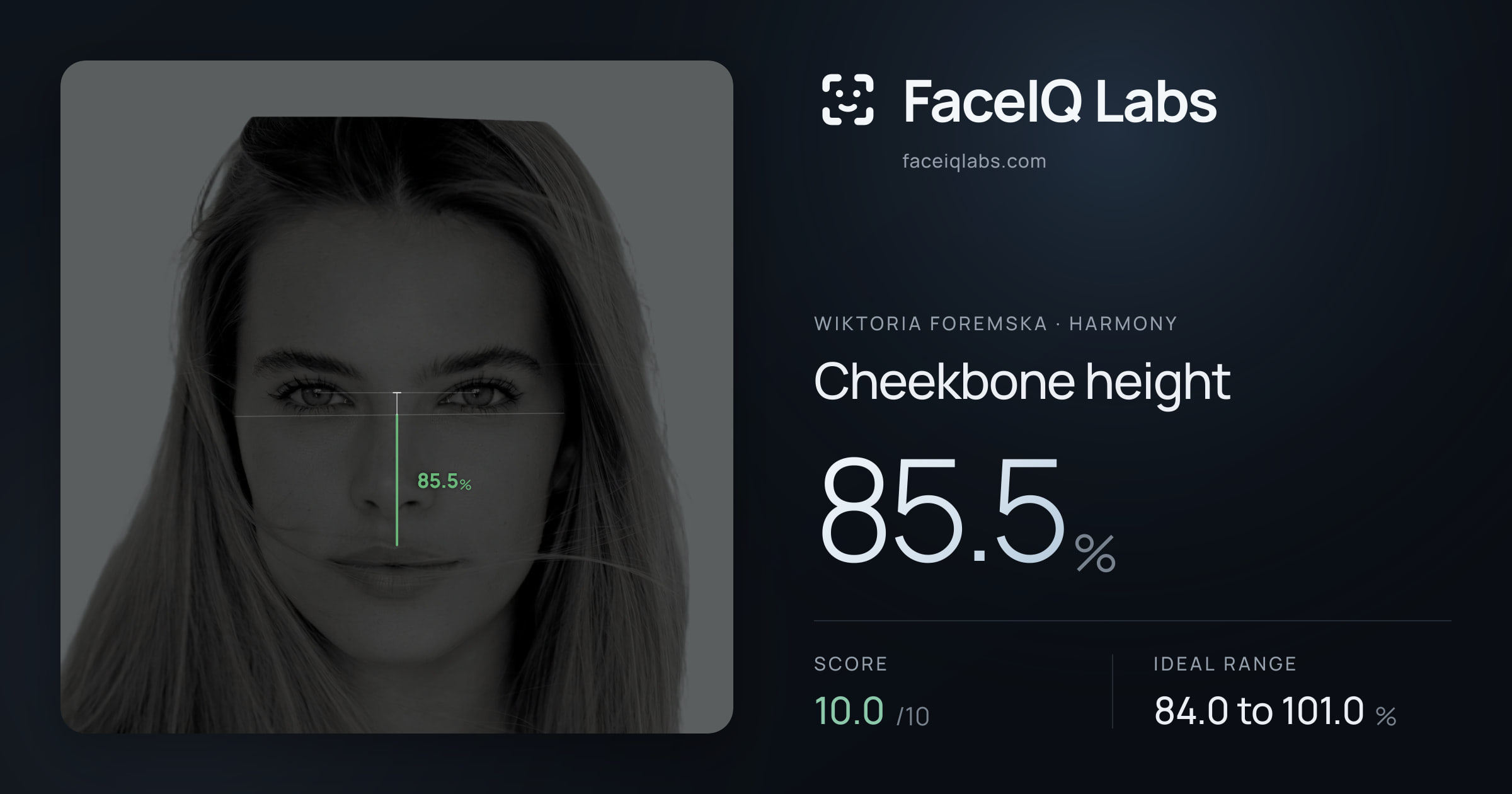 Wiktoria Foremska Cheekbone height: 85.5%, drawn on the photo