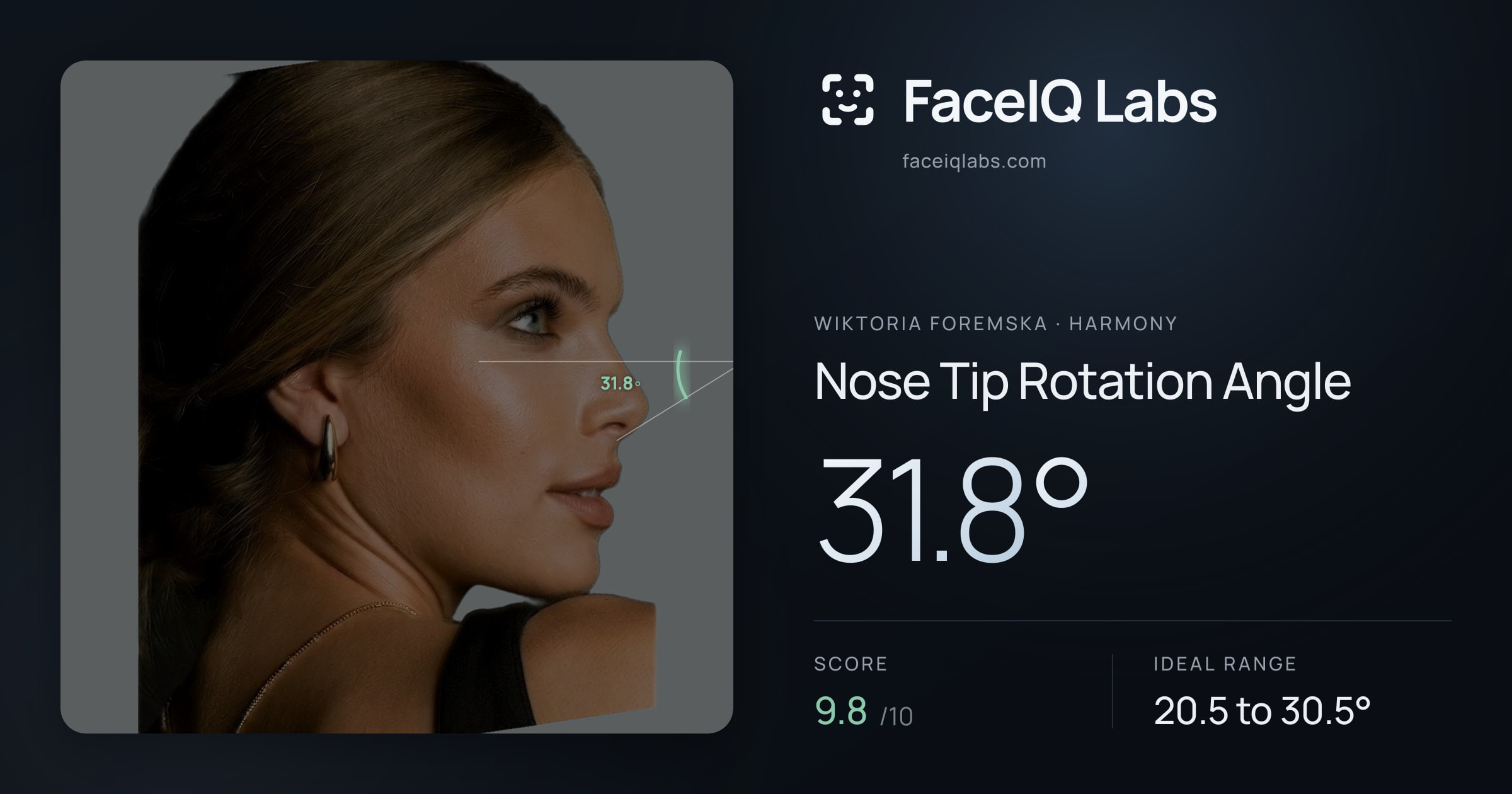 Wiktoria Foremska Nose Tip Rotation Angle: 31.8°, drawn on the photo