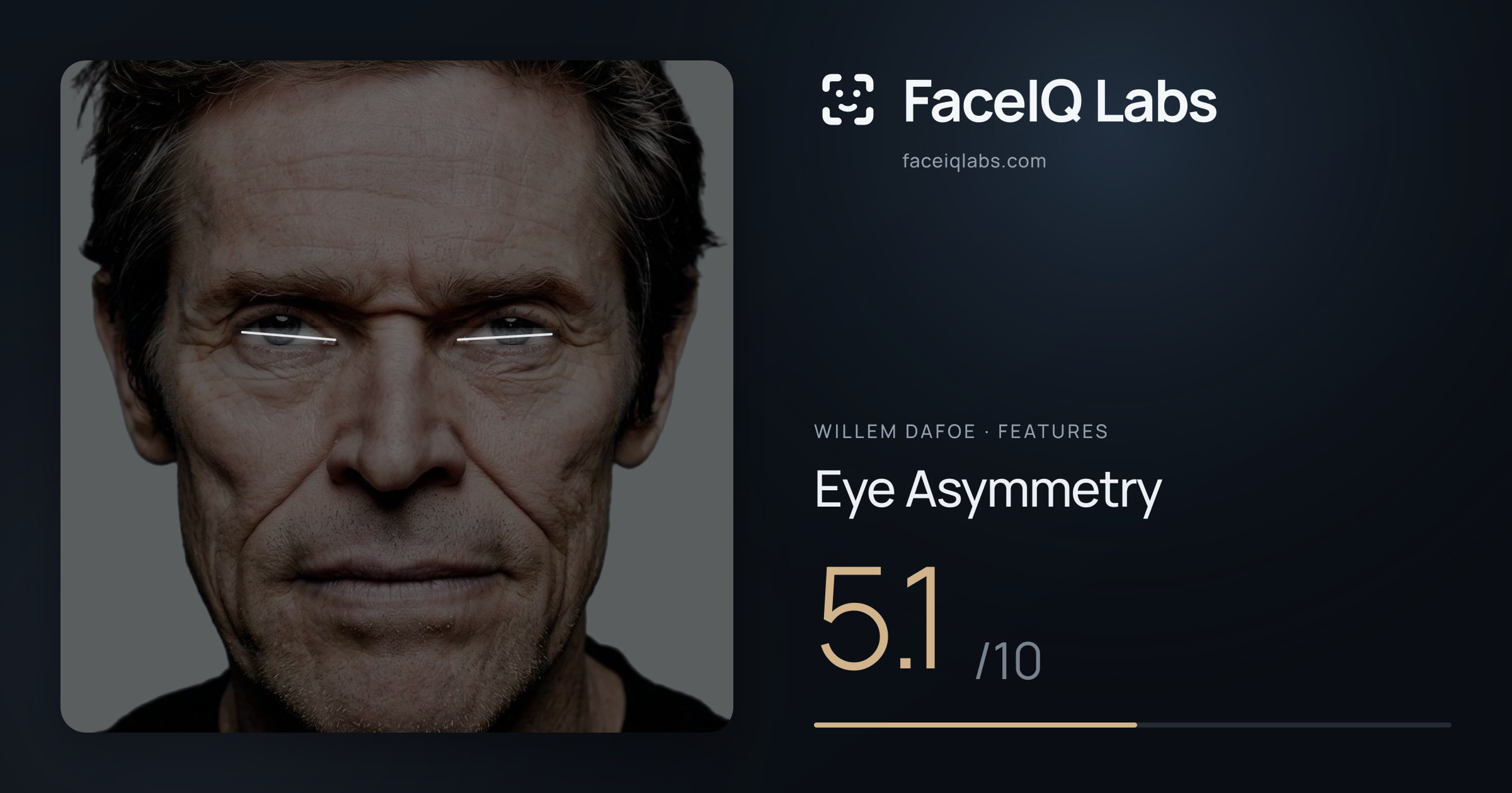 Willem Dafoe Eye Asymmetry: 5.1/10, drawn on the photo