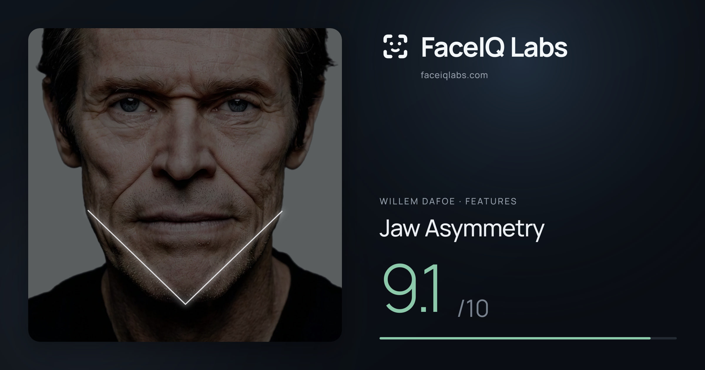 Willem Dafoe Jaw Asymmetry: 9.1/10, drawn on the photo