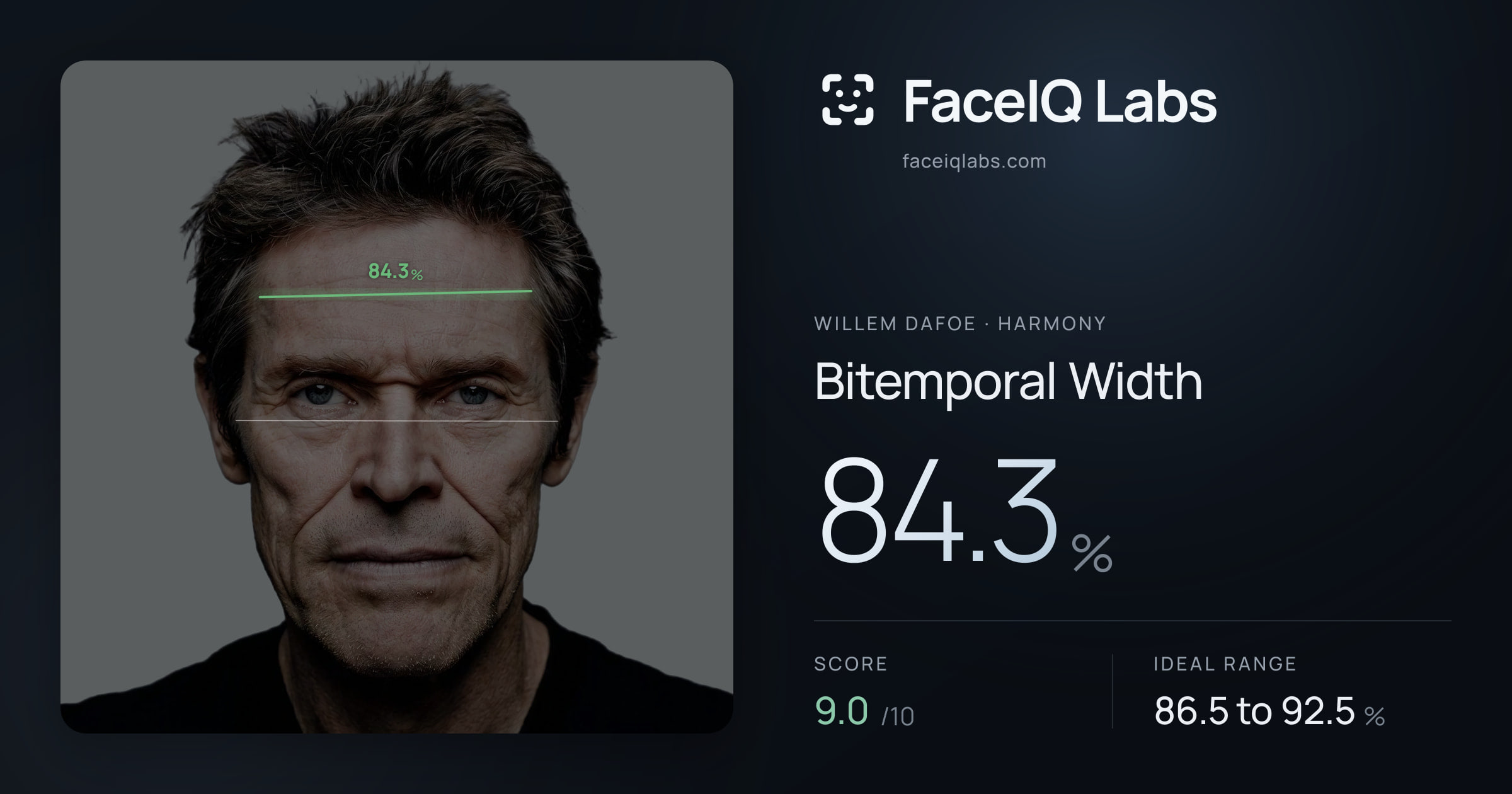 Willem Dafoe Bitemporal Width: 84.3%, drawn on the photo