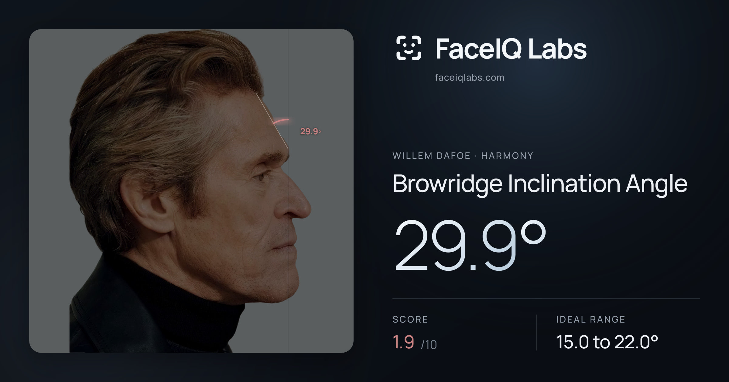Willem Dafoe Browridge Inclination Angle: 29.9°, drawn on the photo