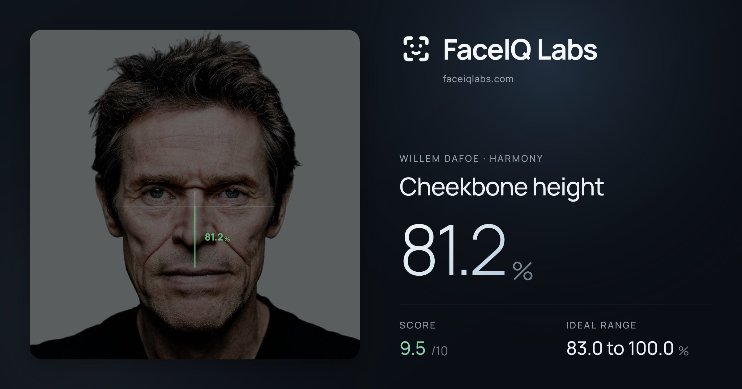 Willem Dafoe Cheekbone height: 81.2%, drawn on the photo