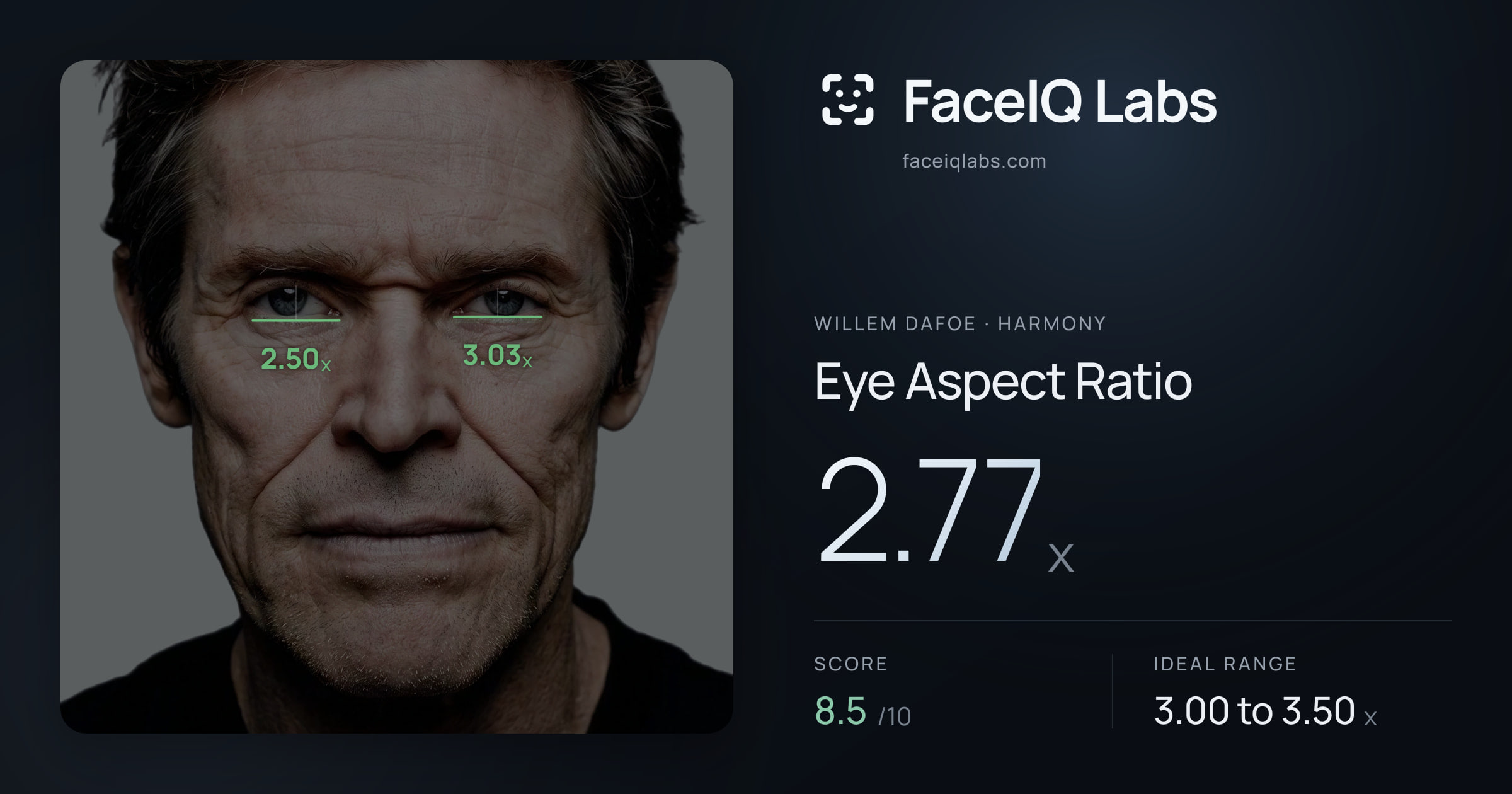 Willem Dafoe Eye Aspect Ratio: 2.77x, drawn on the photo