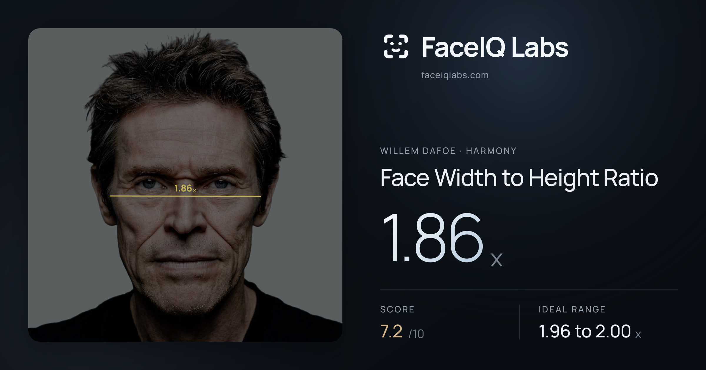Willem Dafoe Face Width to Height Ratio: 1.86x, drawn on the photo