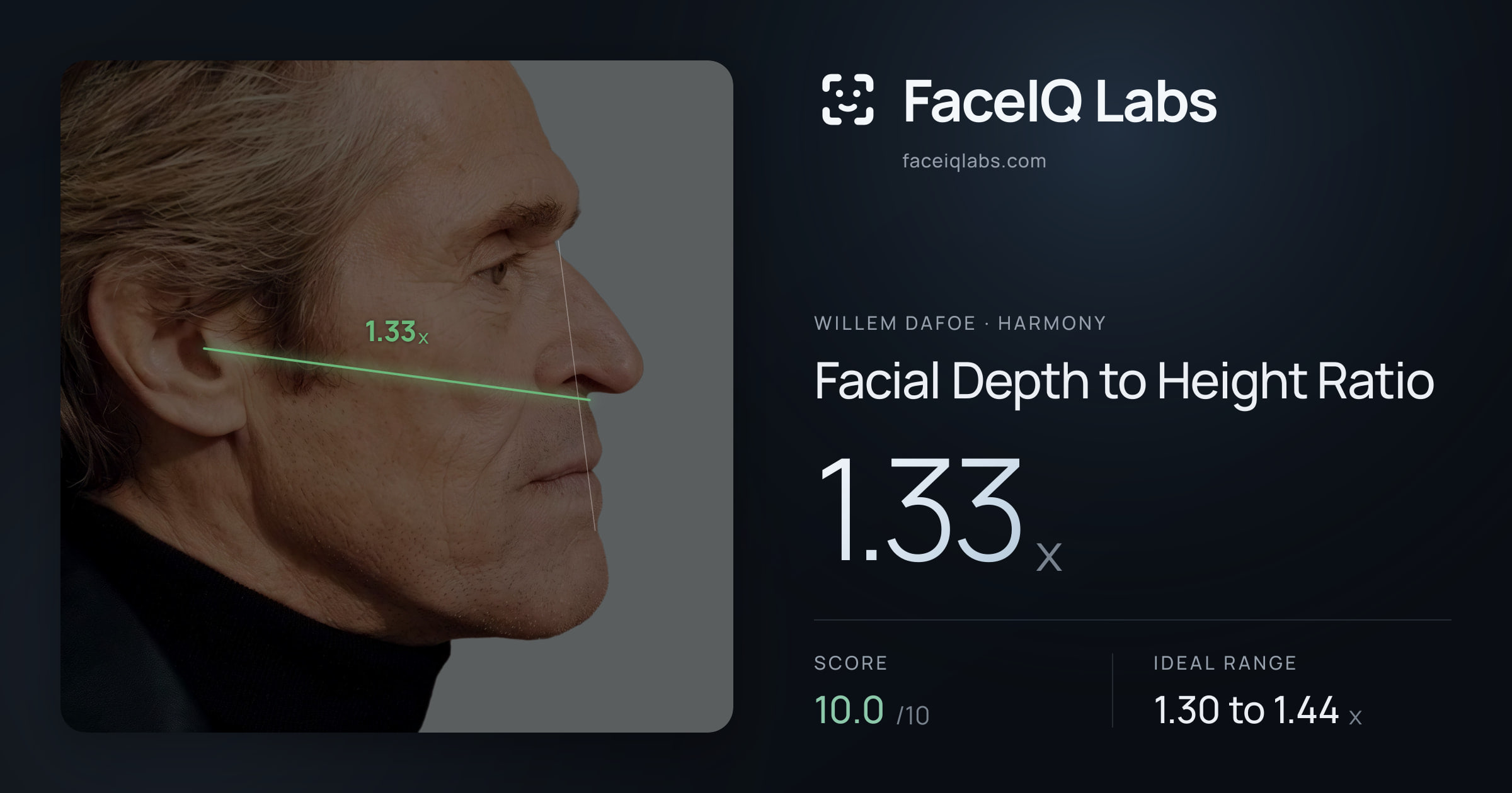 Willem Dafoe Facial Depth to Height Ratio: 1.33x, drawn on the photo