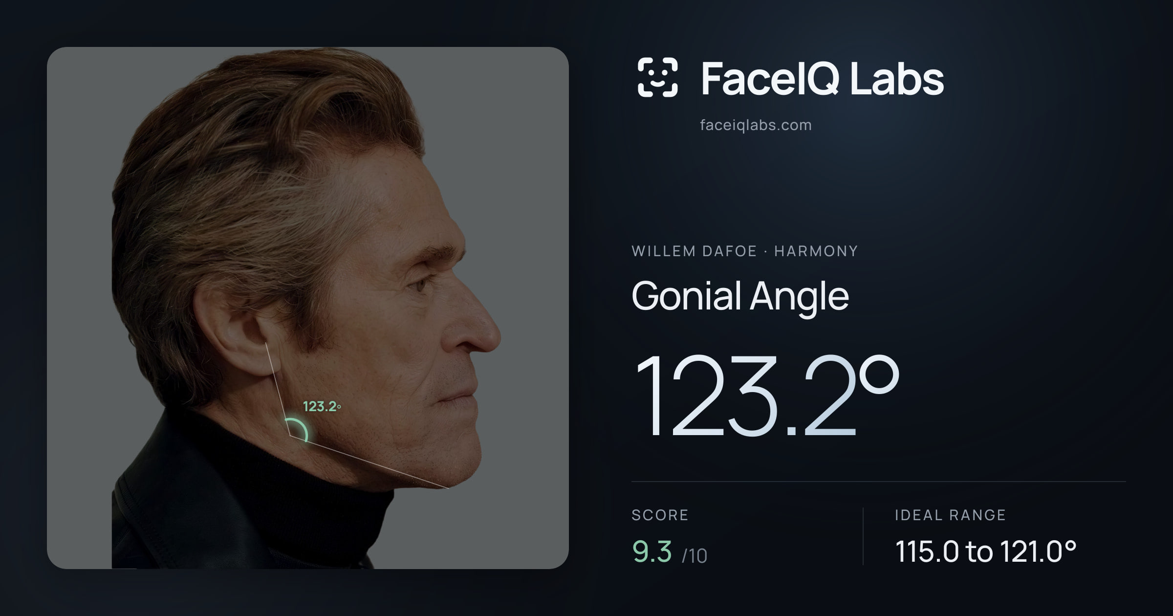 Willem Dafoe Gonial Angle: 123.2°, drawn on the photo