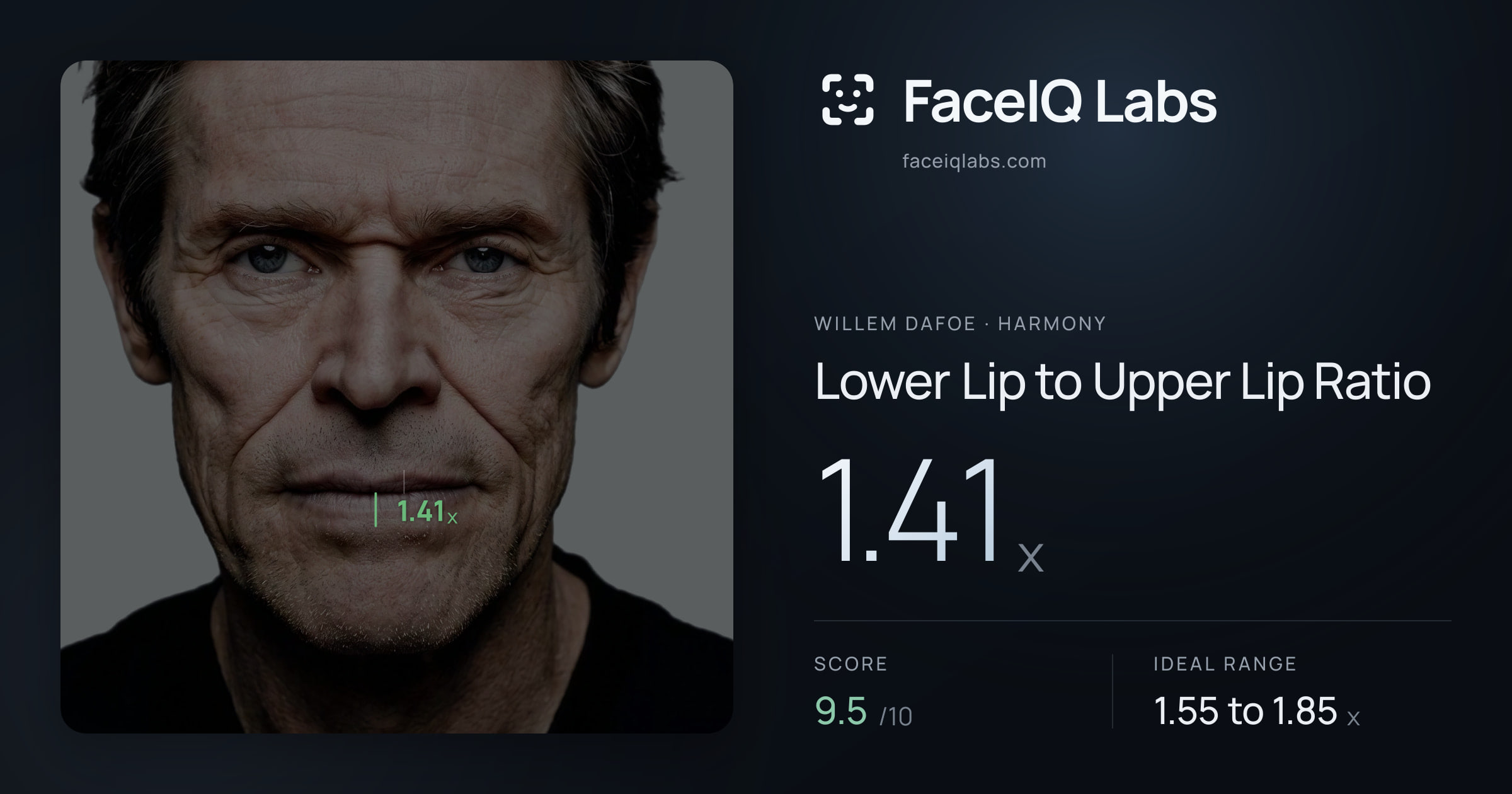 Willem Dafoe Lower Lip to Upper Lip Ratio: 1.41x, drawn on the photo