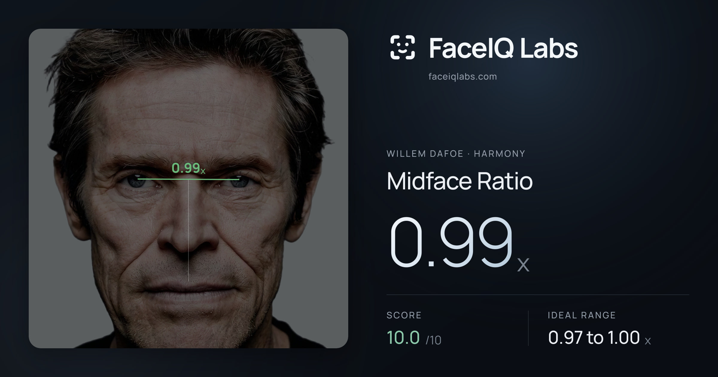 Willem Dafoe Midface Ratio: 0.99x, drawn on the photo