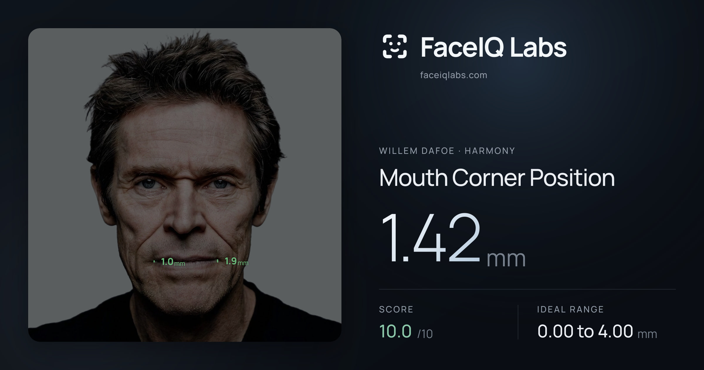 Willem Dafoe Mouth Corner Position: 1.42mm, drawn on the photo