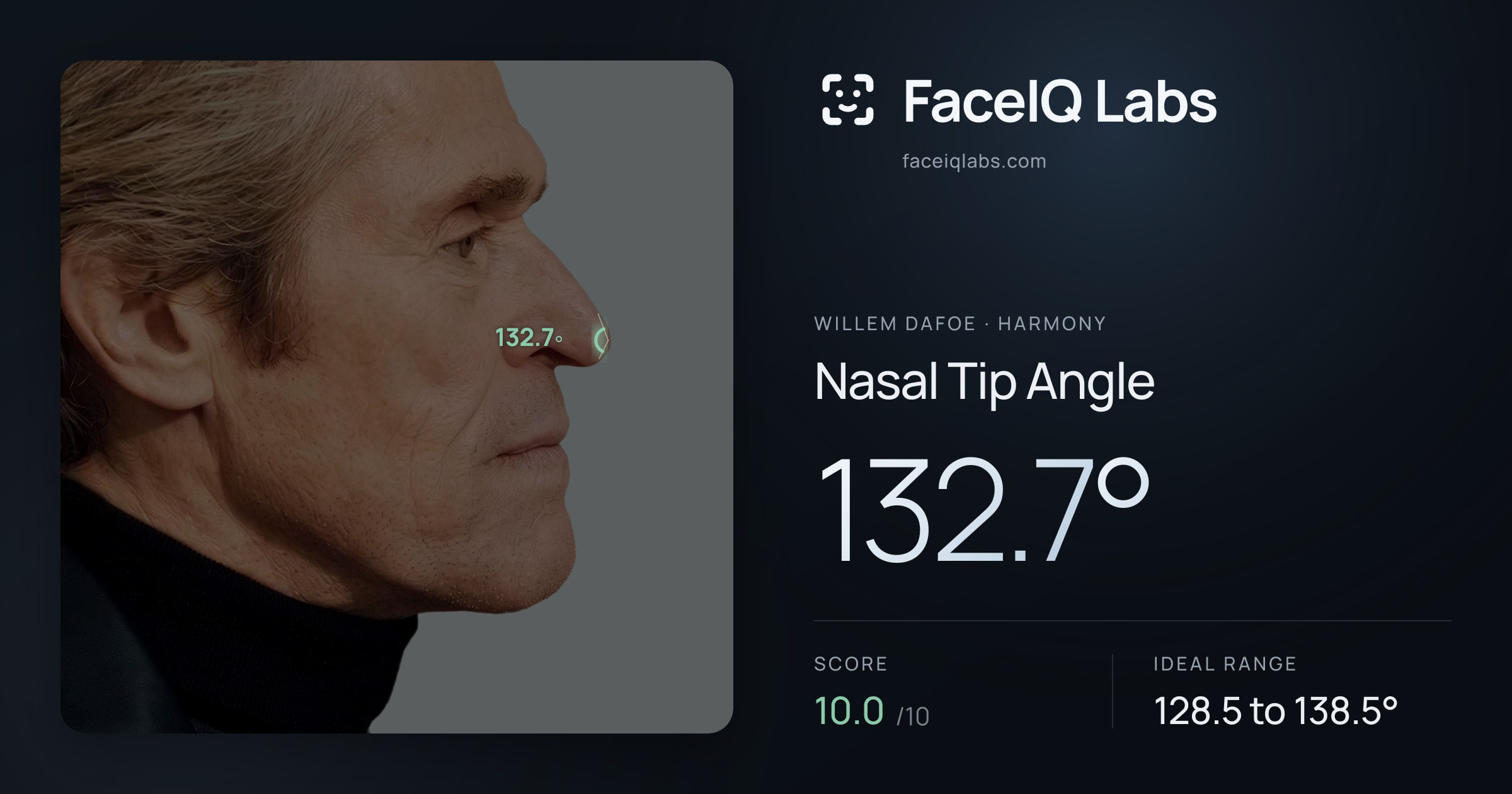 Willem Dafoe Nasal Tip Angle: 132.7°, drawn on the photo