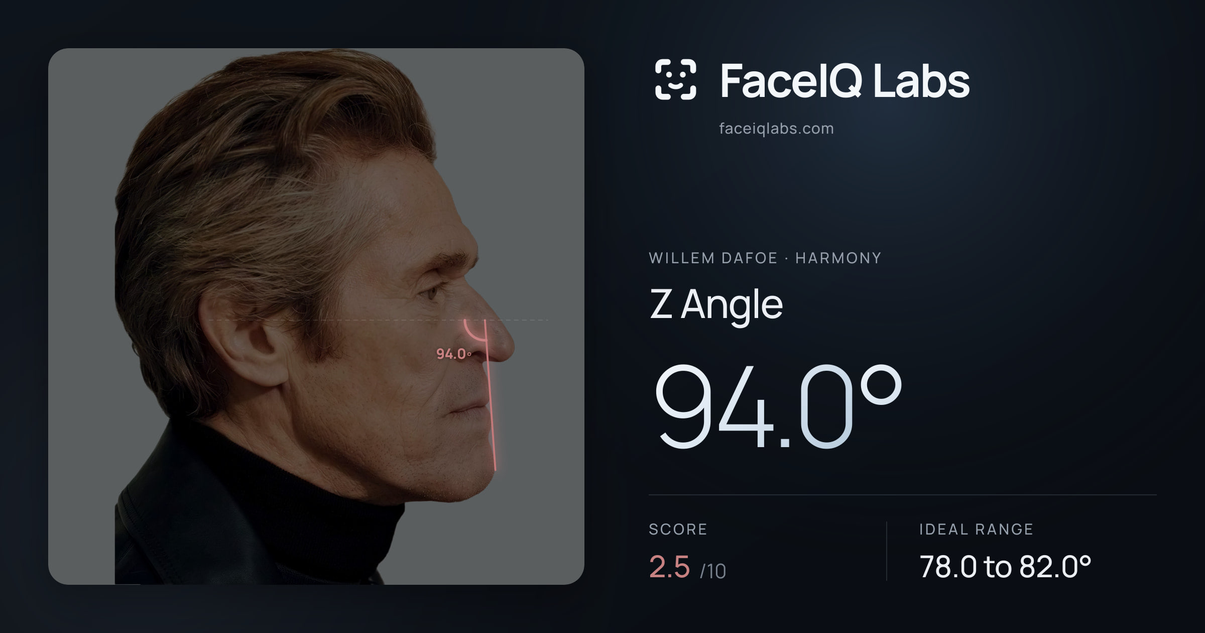 Willem Dafoe Z Angle: 94.0°, drawn on the photo