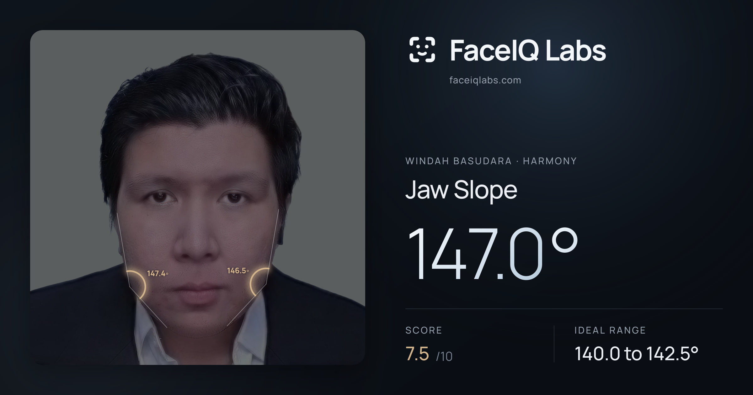 Windah Basudara Jaw Slope: 147.0°, drawn on the photo