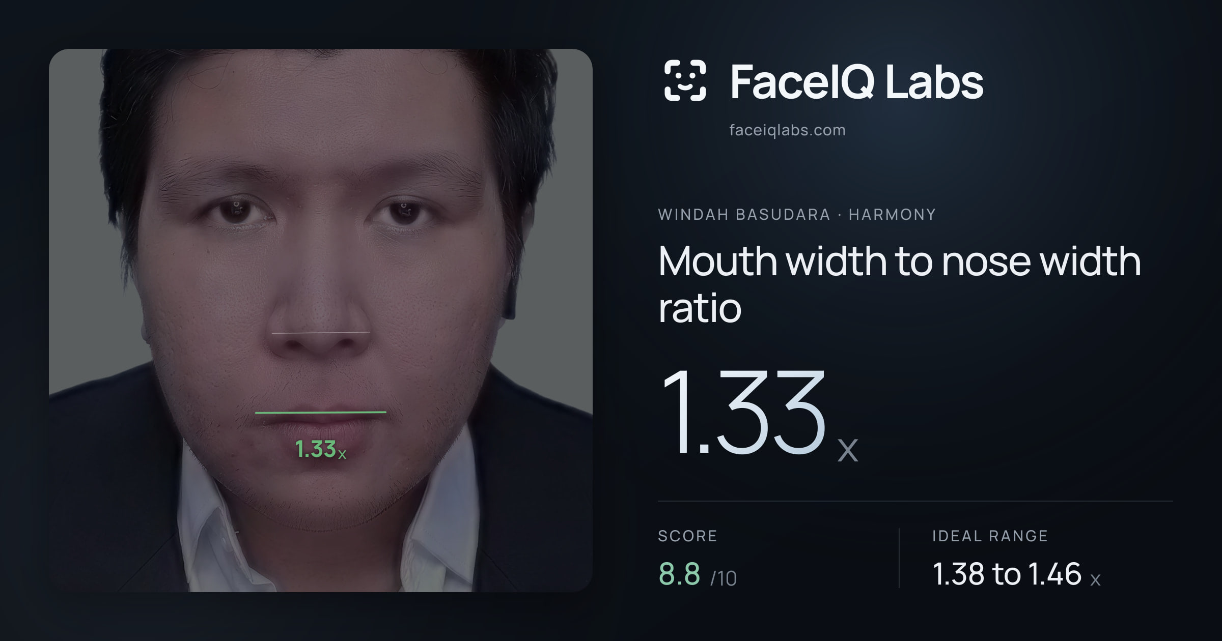 Windah Basudara Mouth width to nose width ratio: 1.33x, drawn on the photo