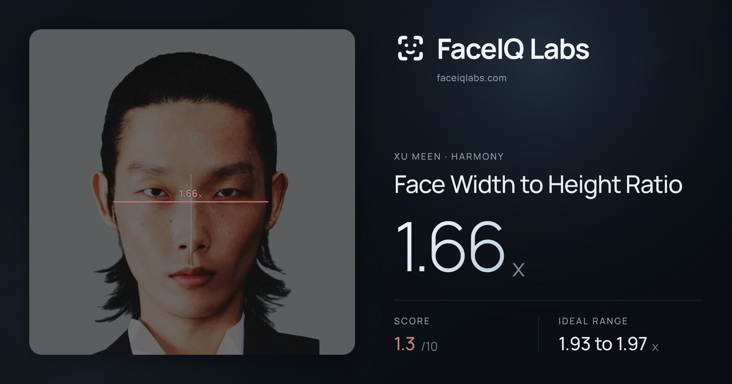 Xu Meen Face Width to Height Ratio: 1.66x, drawn on the photo