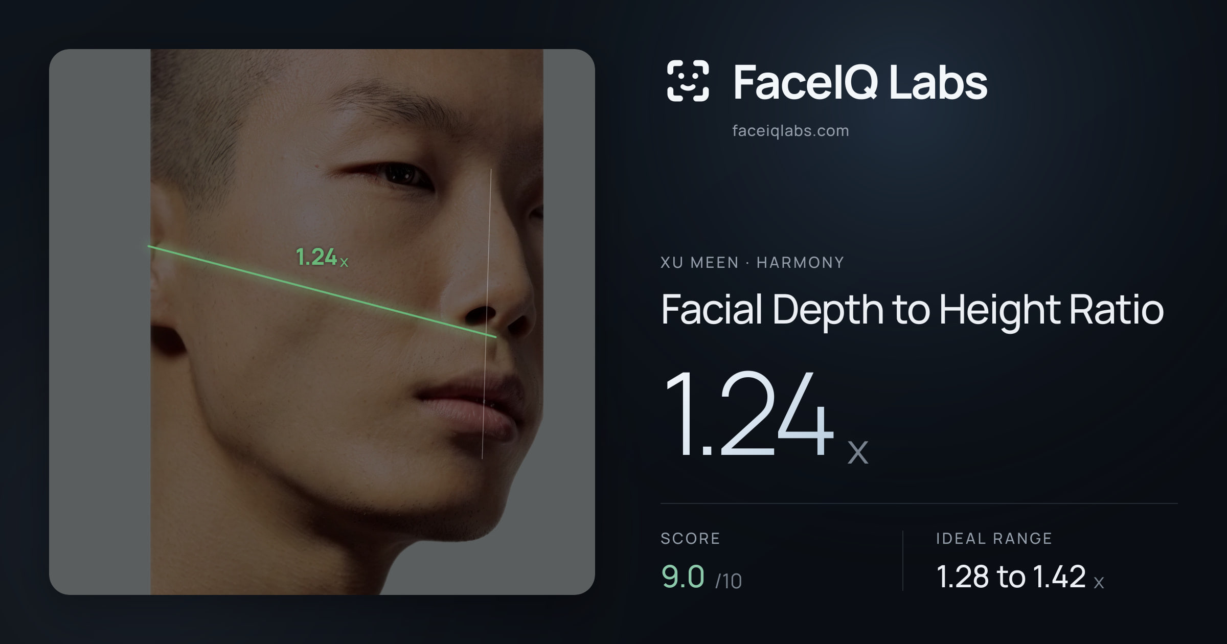 Xu Meen Facial Depth to Height Ratio: 1.24x, drawn on the photo