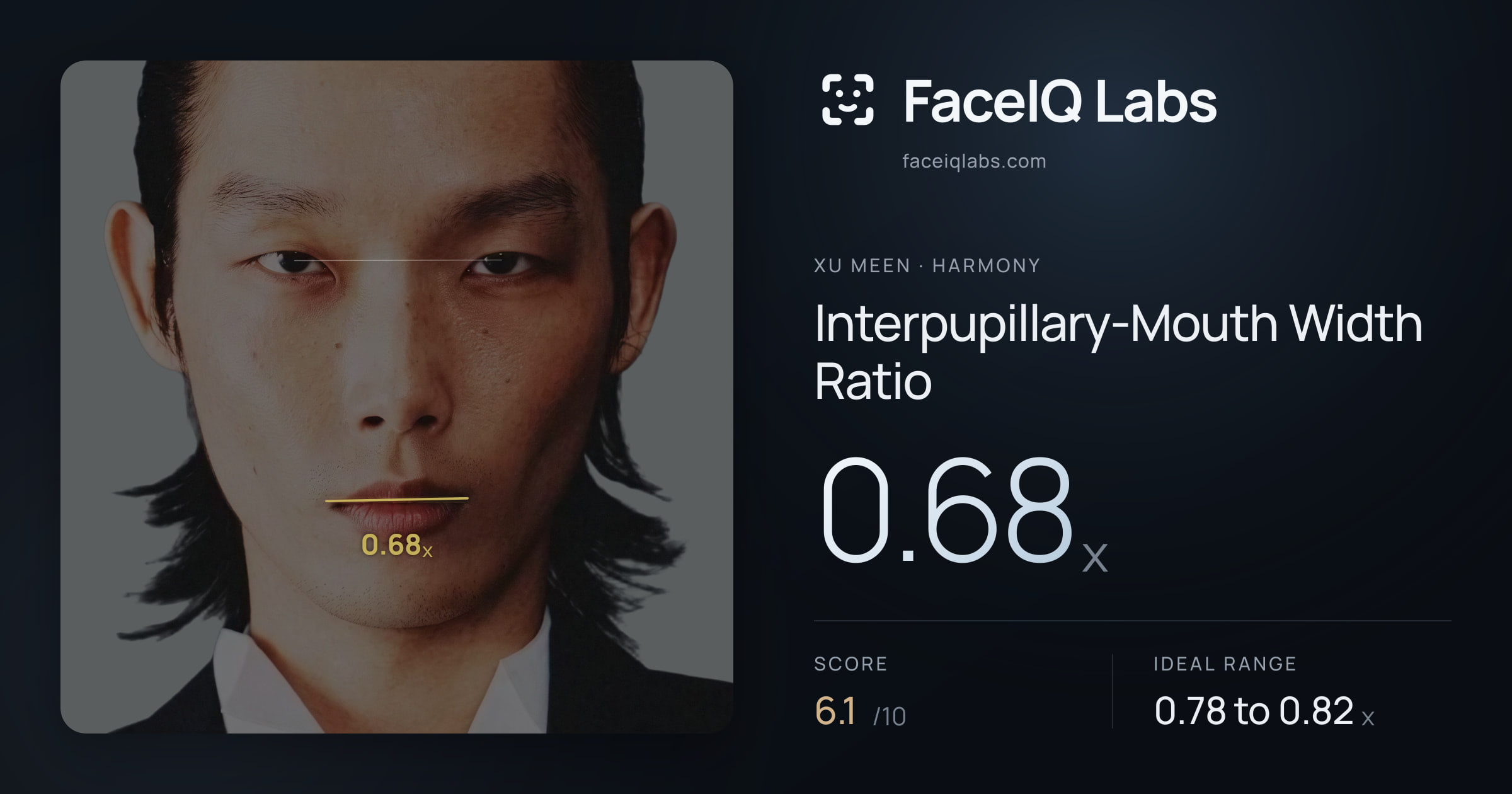 Xu Meen Interpupillary-Mouth Width Ratio: 0.68x, drawn on the photo