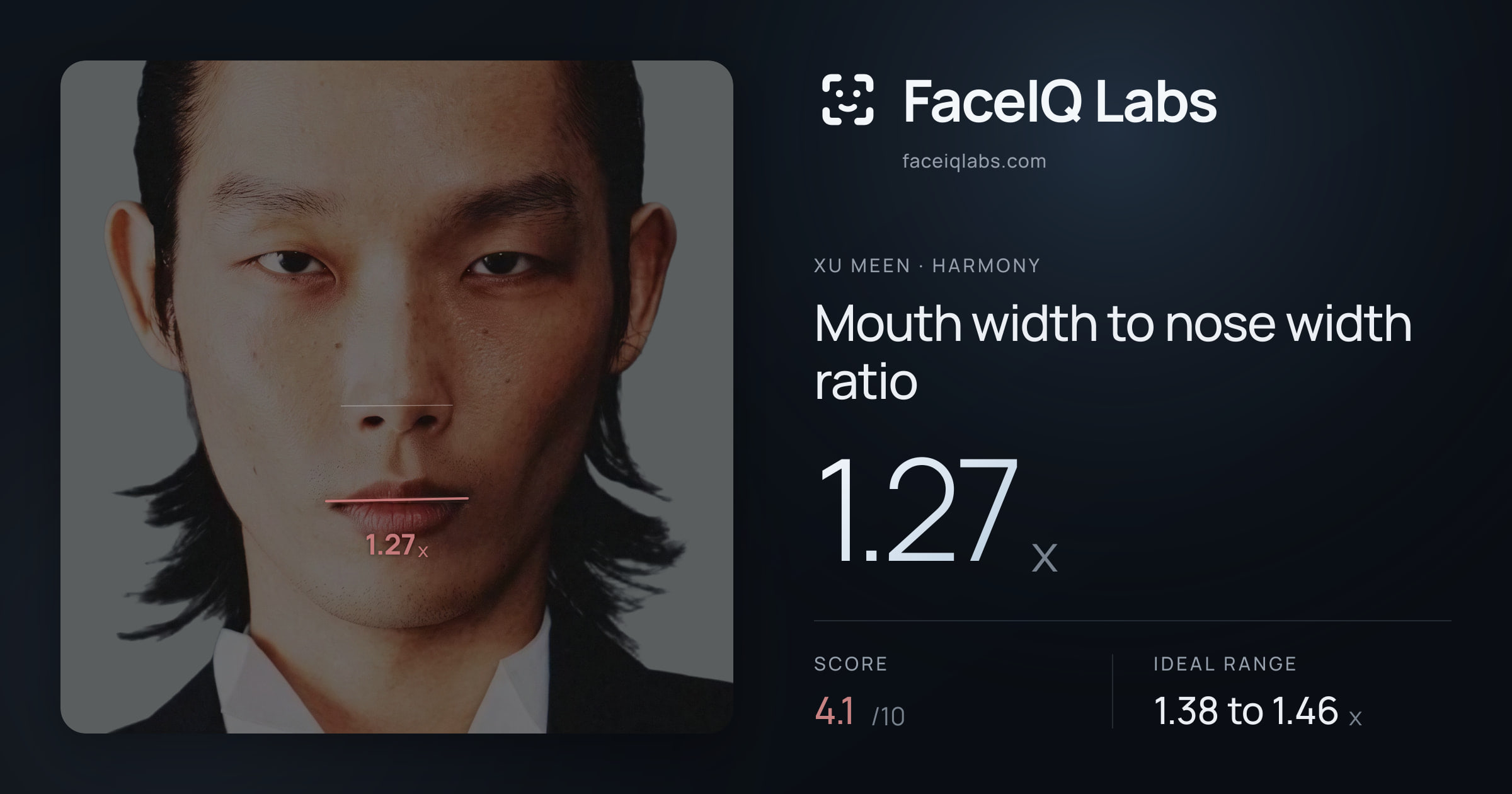Xu Meen Mouth width to nose width ratio: 1.27x, drawn on the photo