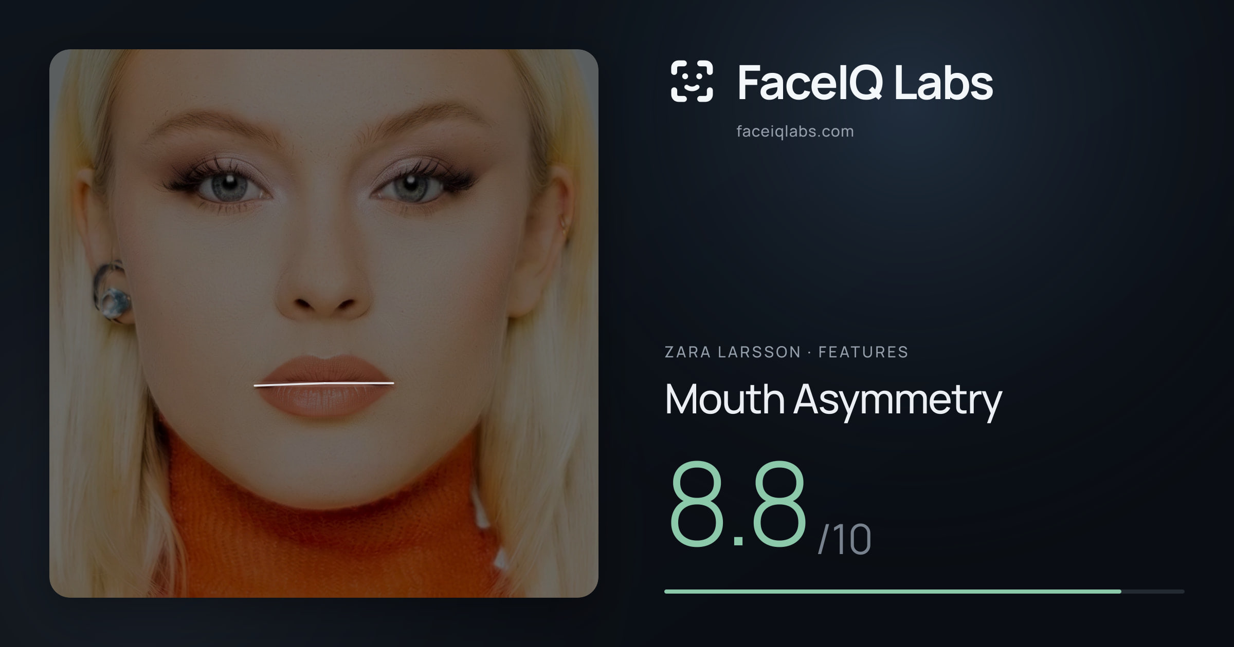 Zara Larsson Mouth Asymmetry: 8.8/10, drawn on the photo