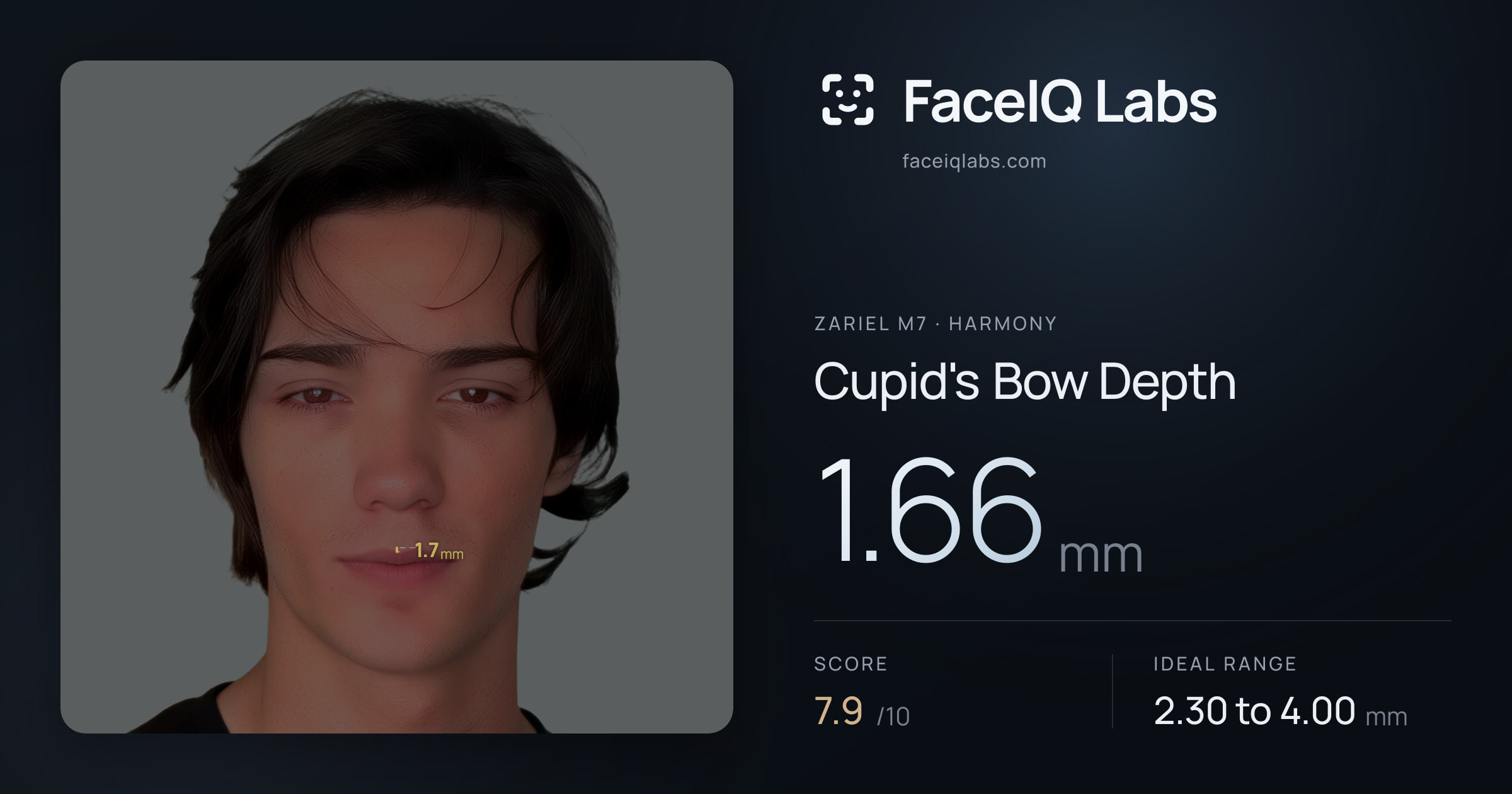 Zariel M7 Cupid's Bow Depth: 1.66mm, drawn on the photo
