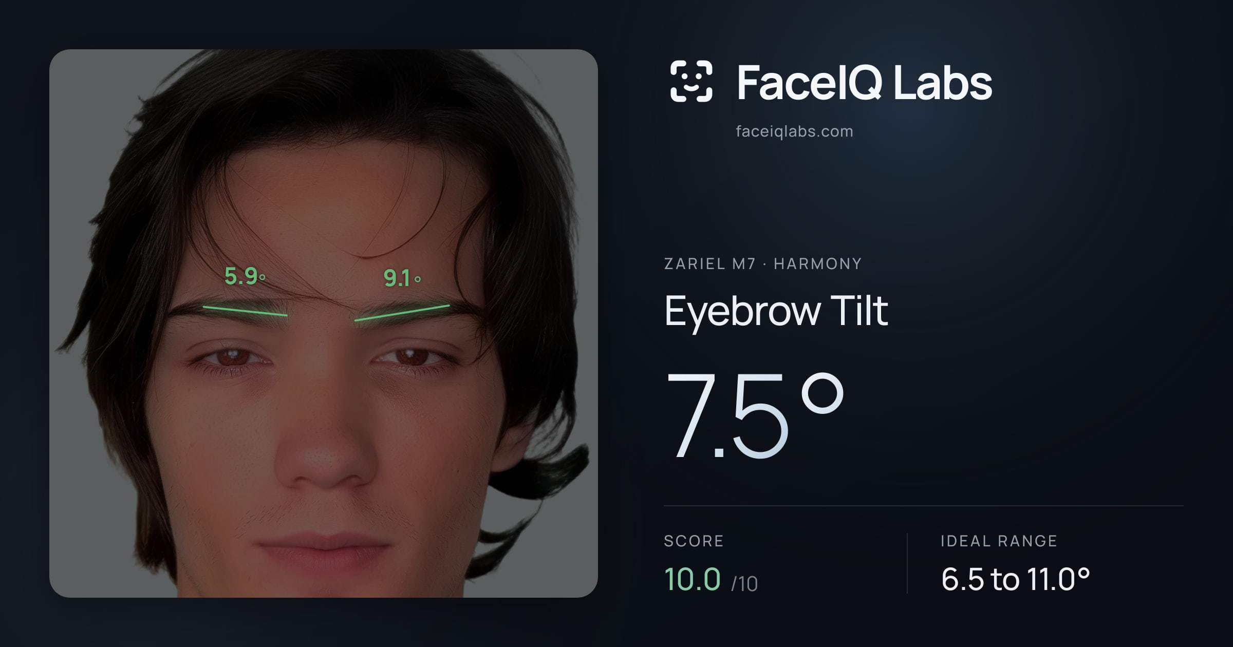 Zariel M7 Eyebrow Tilt: 7.5°, drawn on the photo