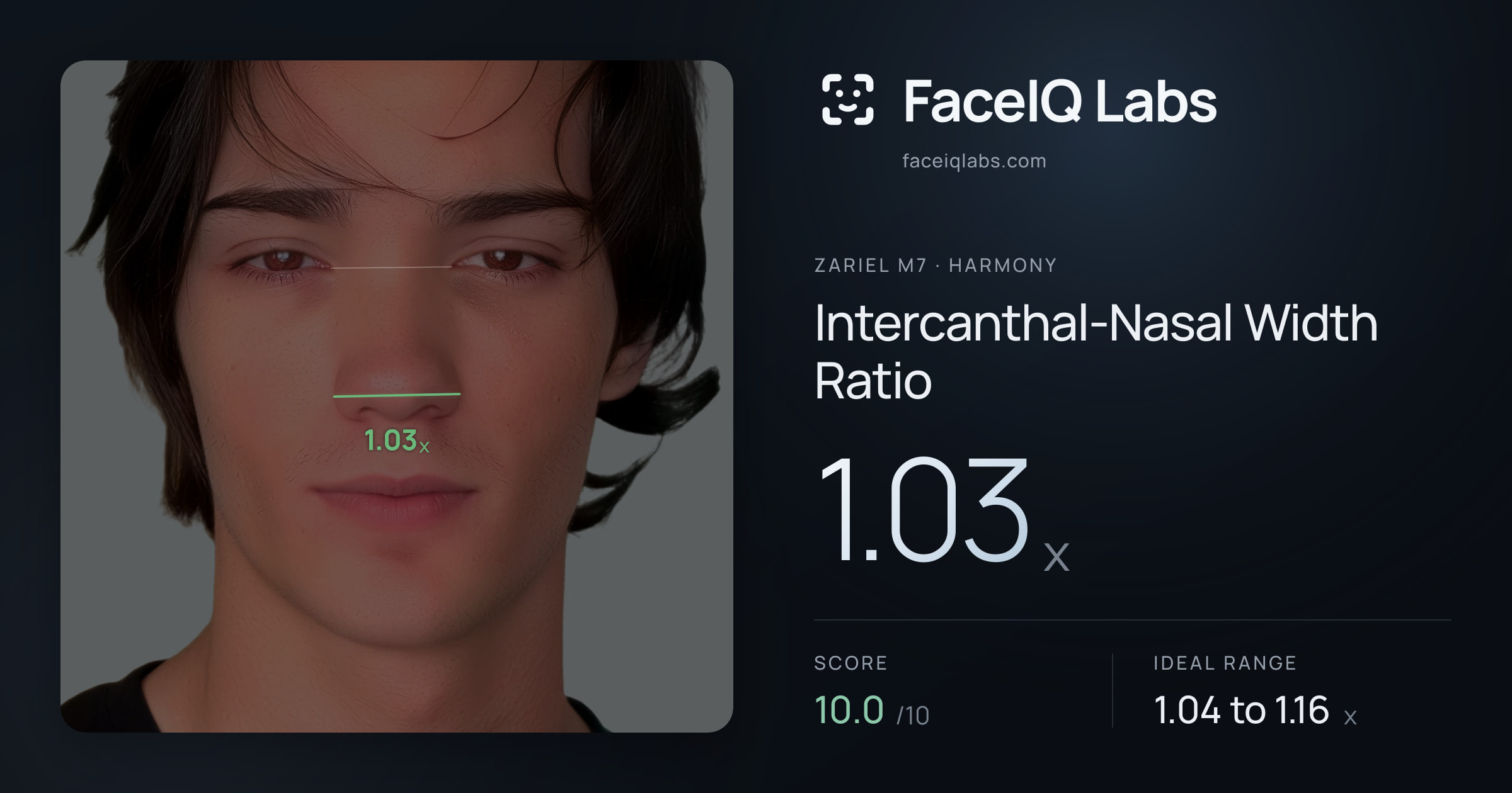Zariel M7 Intercanthal-Nasal Width Ratio: 1.03x, drawn on the photo