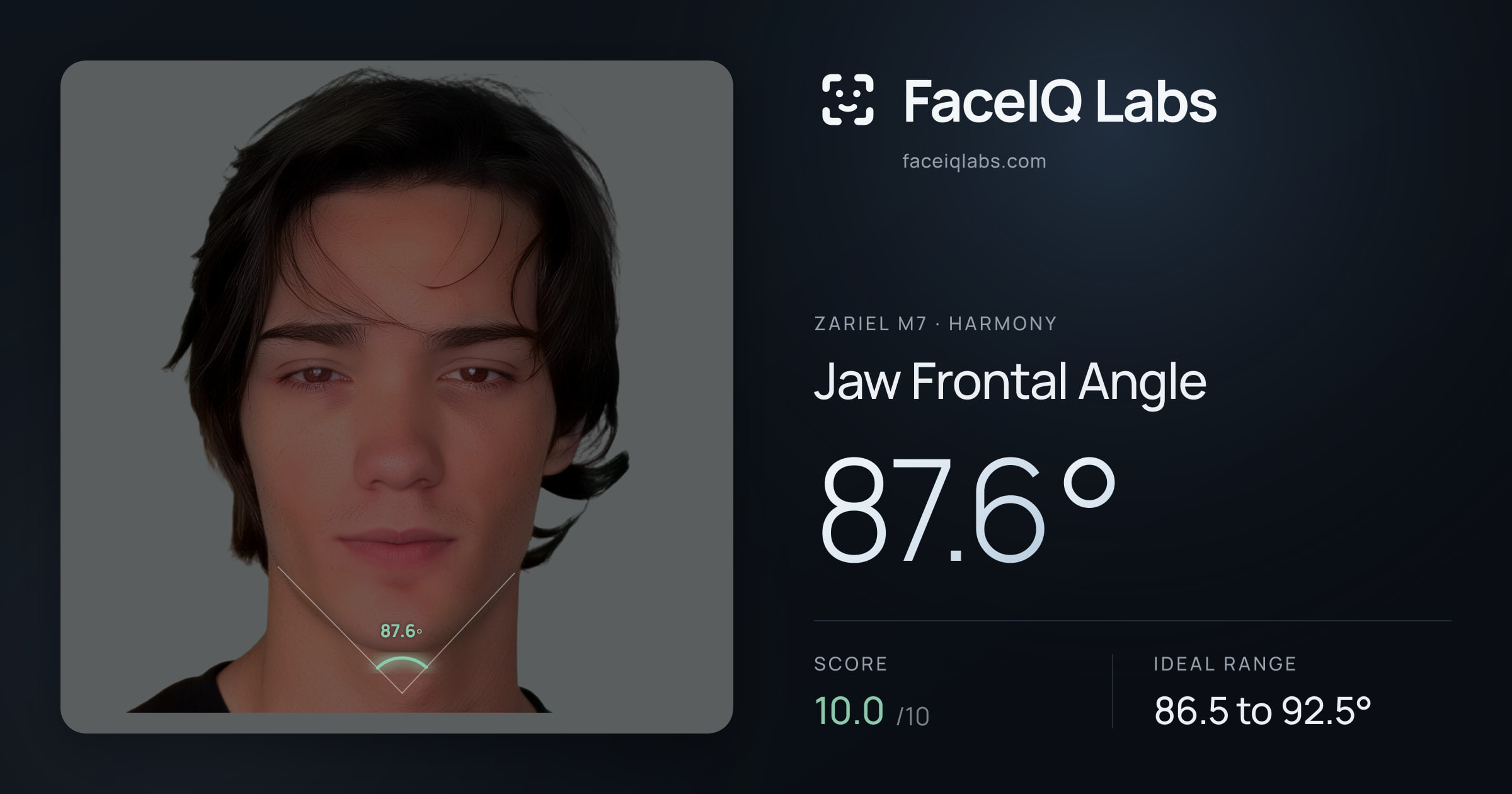 Zariel M7 Jaw Frontal Angle: 87.6°, drawn on the photo